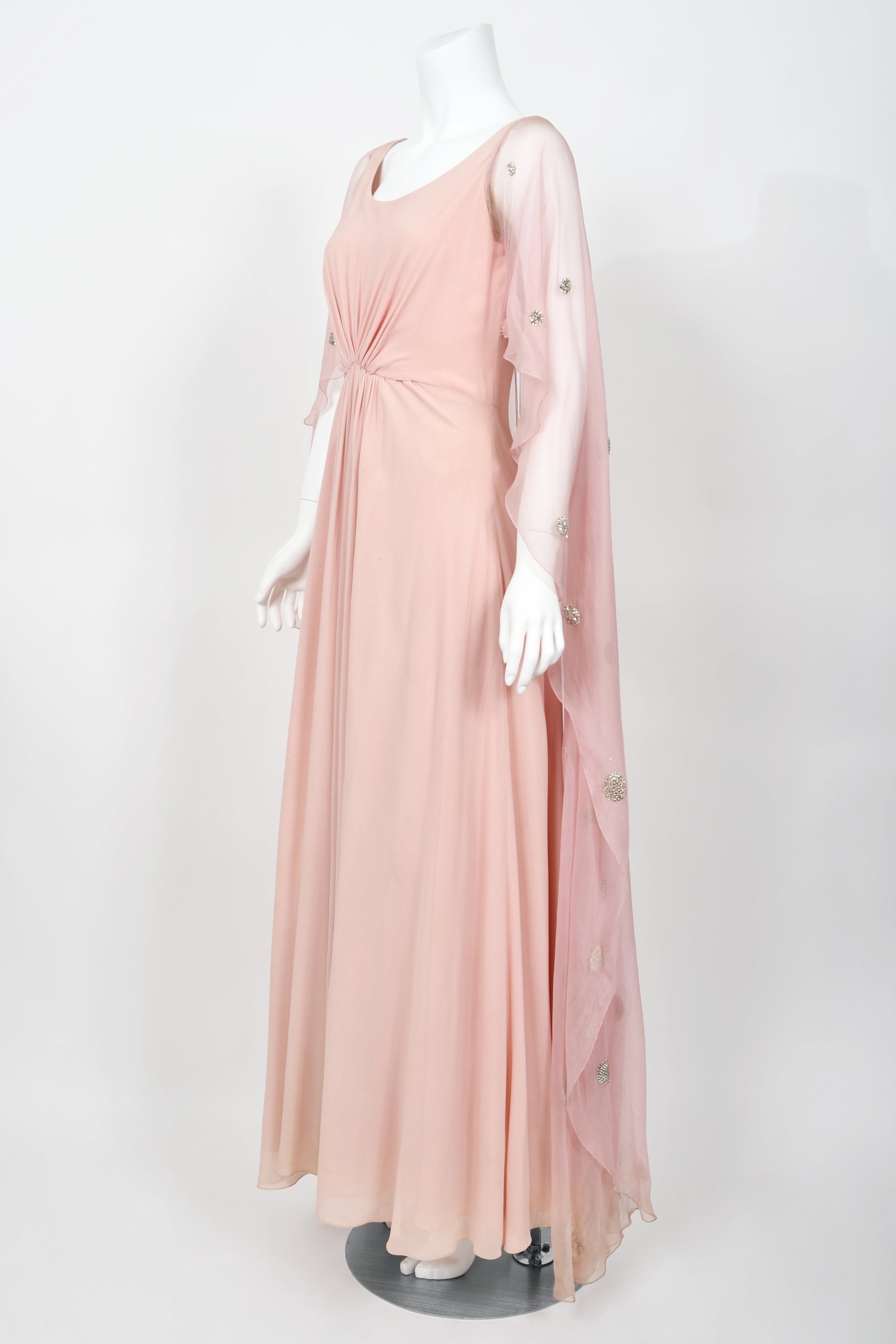 valentino pink cape dress 1974 Valentino Haute Couture Pink Beaded Crystal Silk Winged Cape Gown