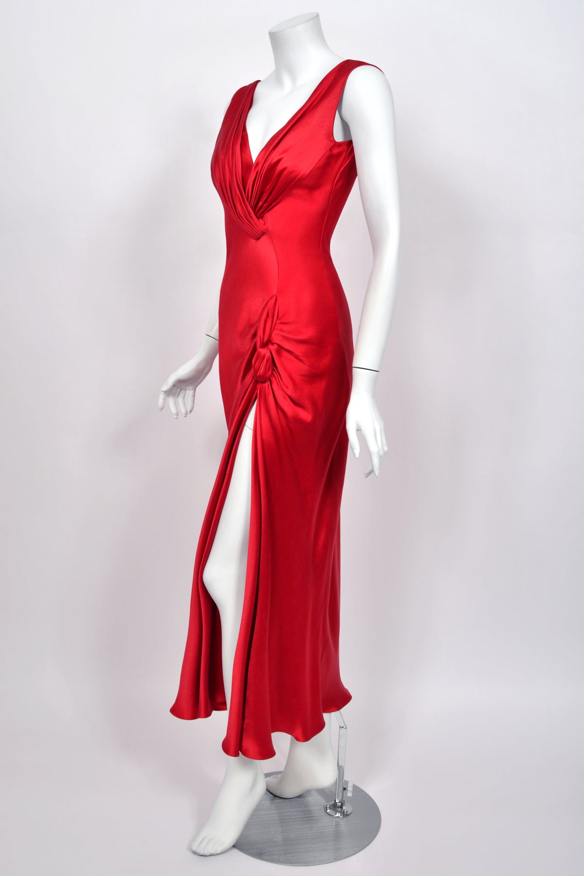2003 Christian Dior by John Galliano Ruby Red Silk Low Cut Draped High Slit Bias-Cut Dress