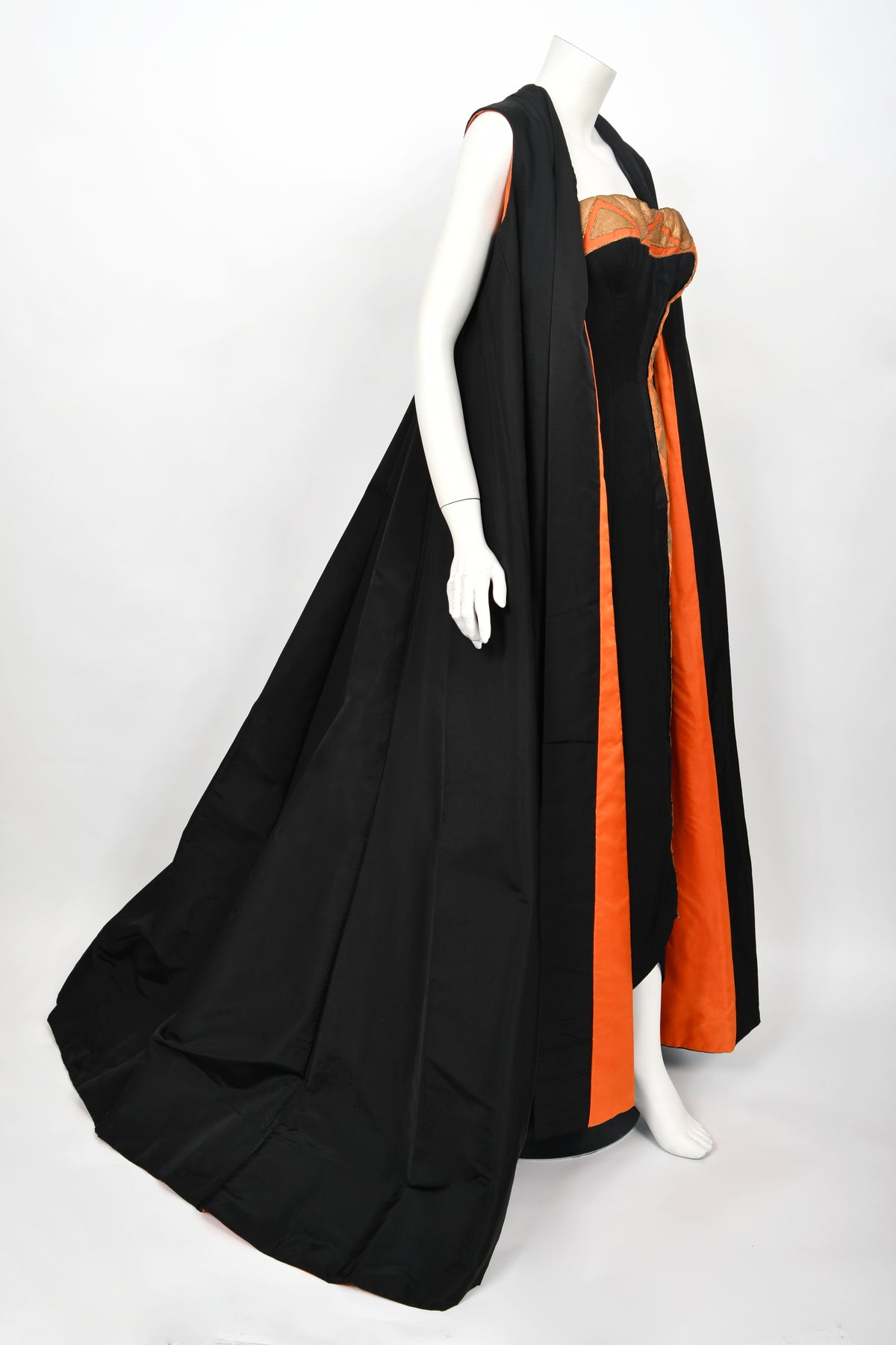 1950&#39;s Yma Sumac Custom Couture Black &amp; Orange Silk Hourglass Gown Ensemble