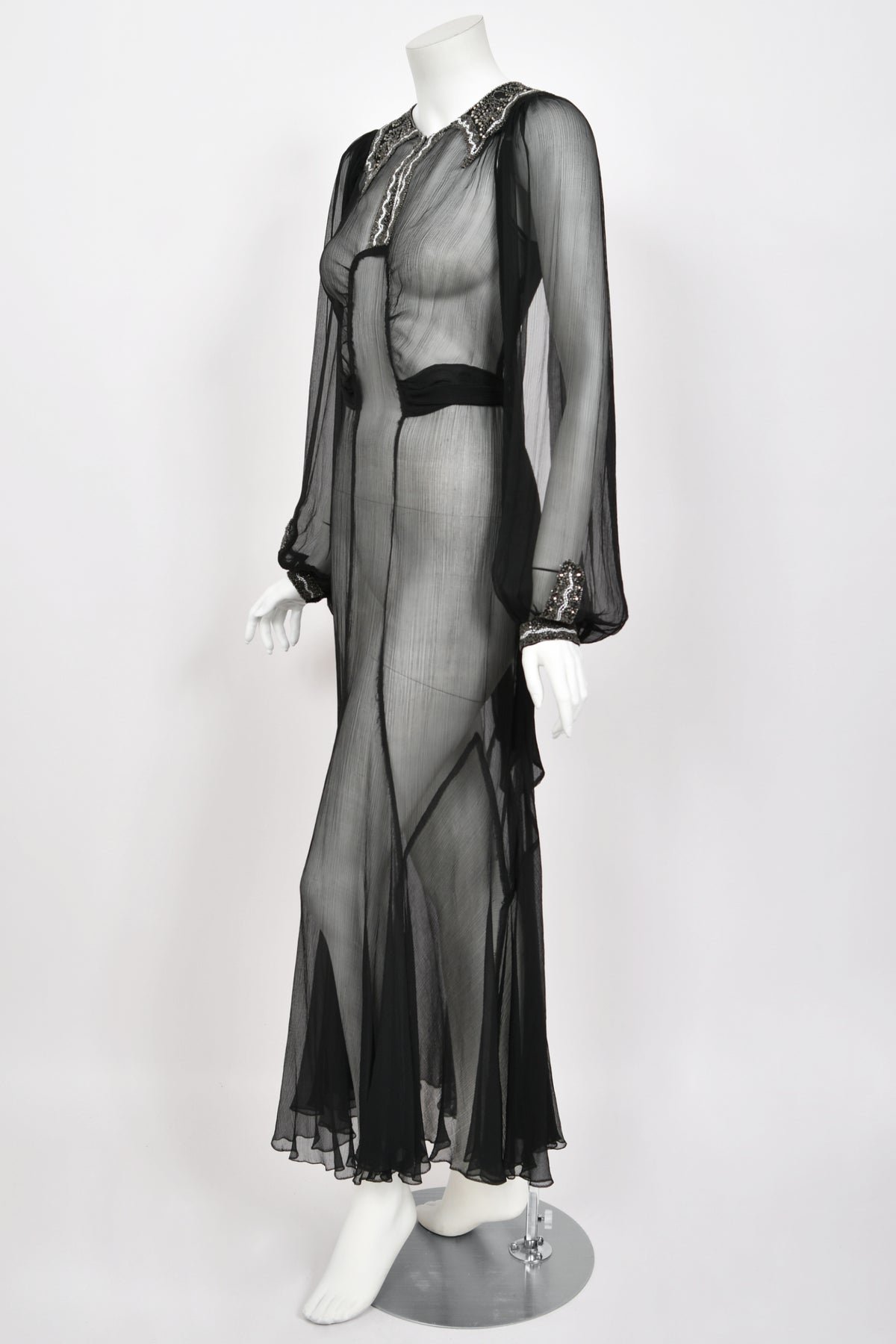1930&#39;s Beaded Rhinestone Black Sheer Silk Chiffon Billow-Sleeve Deco Dress
