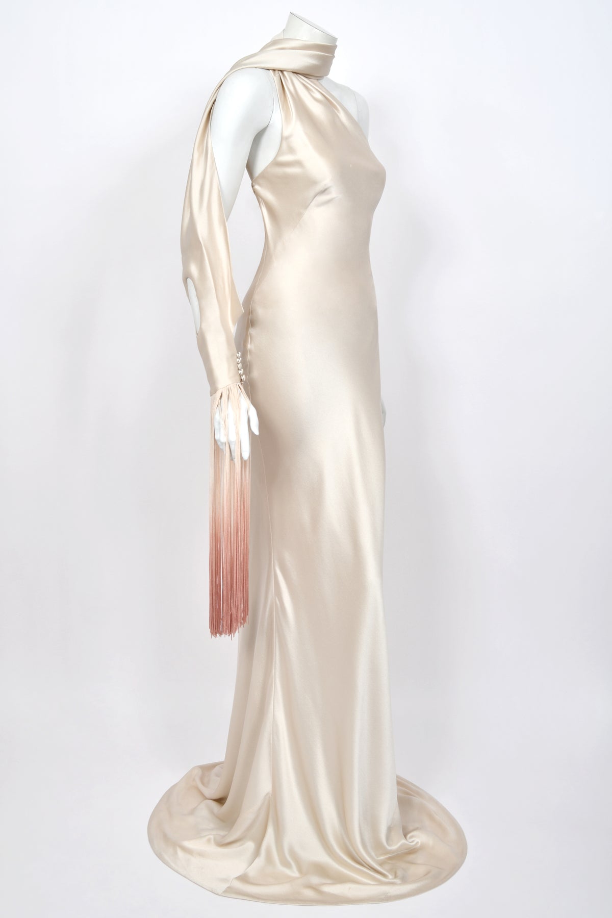 2009 Alexander McQueen Ivory Silk Draped Sleeve Ombré Fringe Bias-Cut Gown w/Tags