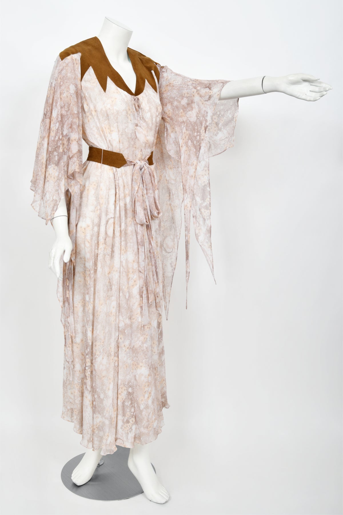 1971 Giorgio Sant&#39; Angelo Watercolor Chiffon &amp; Suede Angel-Sleeve Wrap Dress
