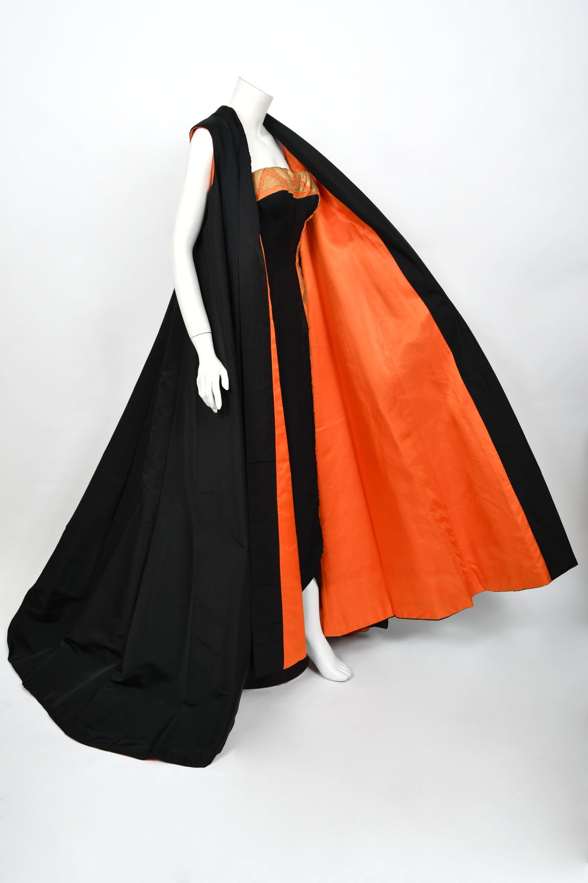 1950&#39;s Yma Sumac Custom Couture Black &amp; Orange Silk Hourglass Gown Ensemble