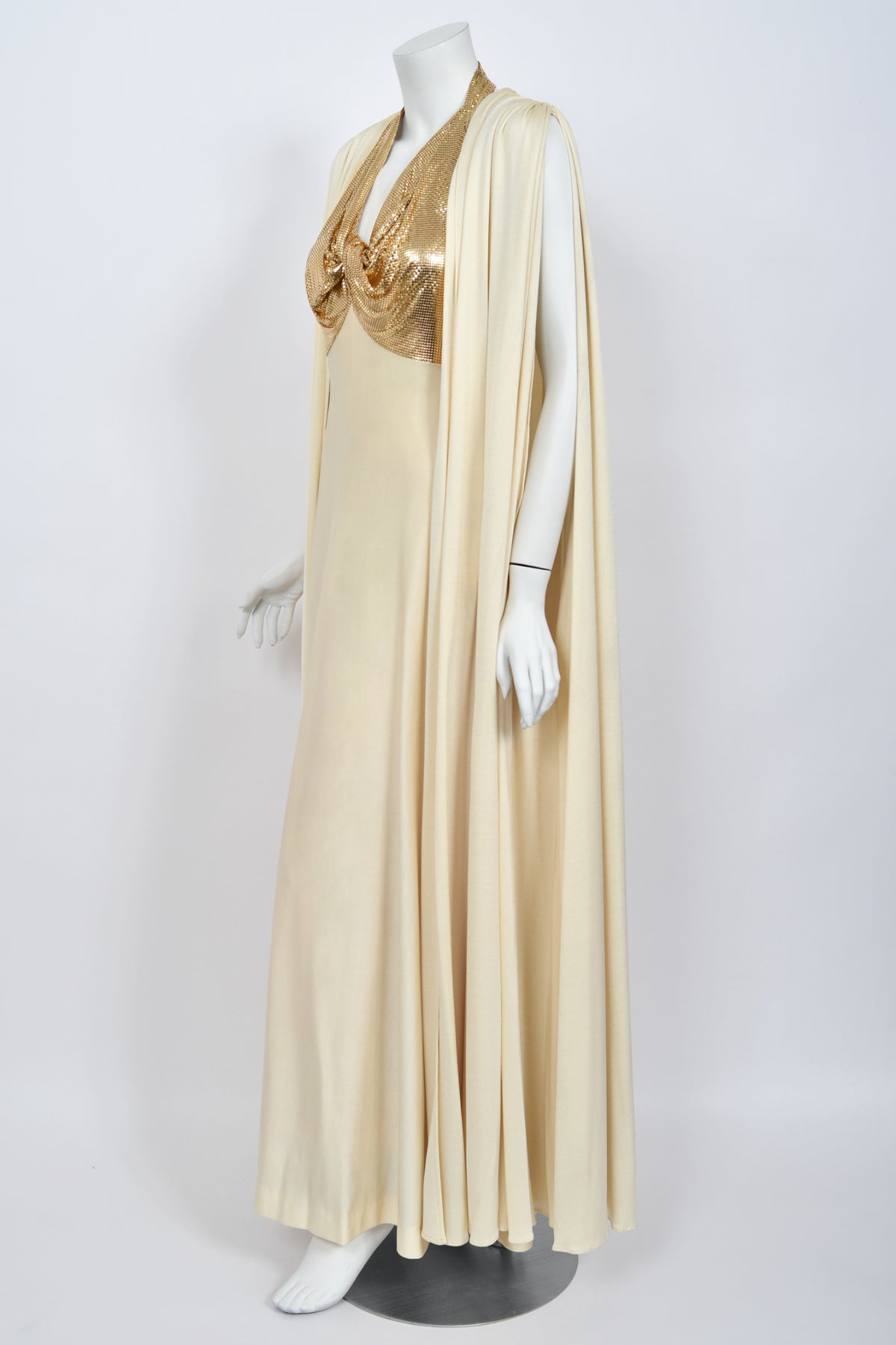 1972 Loris Azzaro Couture Ivory Silk-Jersey &amp; Gold Metal Mesh Backless Gown w/ Cape