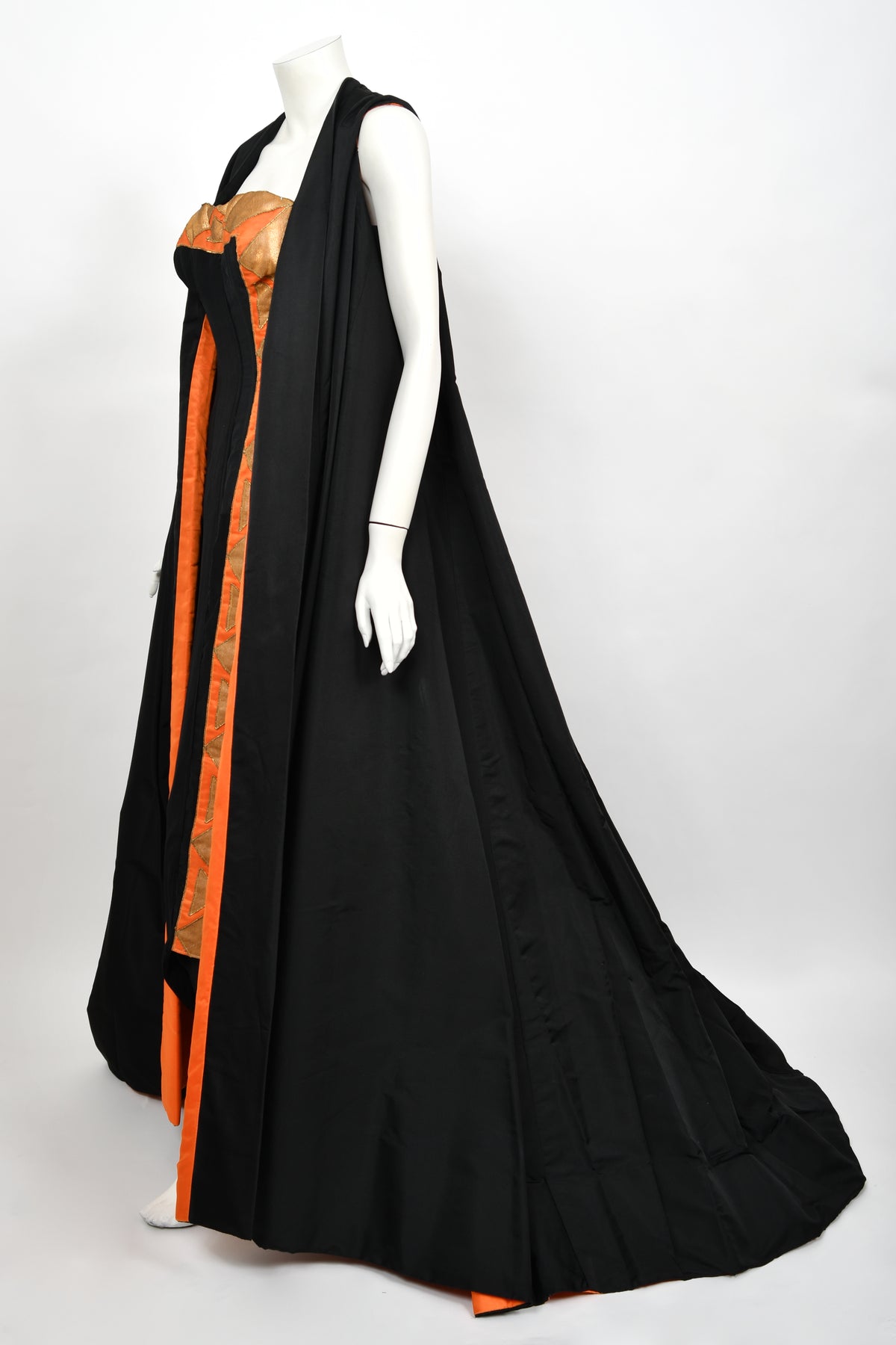 1950&#39;s Yma Sumac Custom Couture Black &amp; Orange Silk Hourglass Gown Ensemble