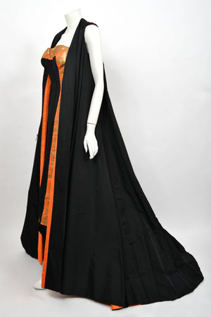 1950's Yma Sumac Custom Couture Black & Orange Silk Hourglass Gown Ensemble