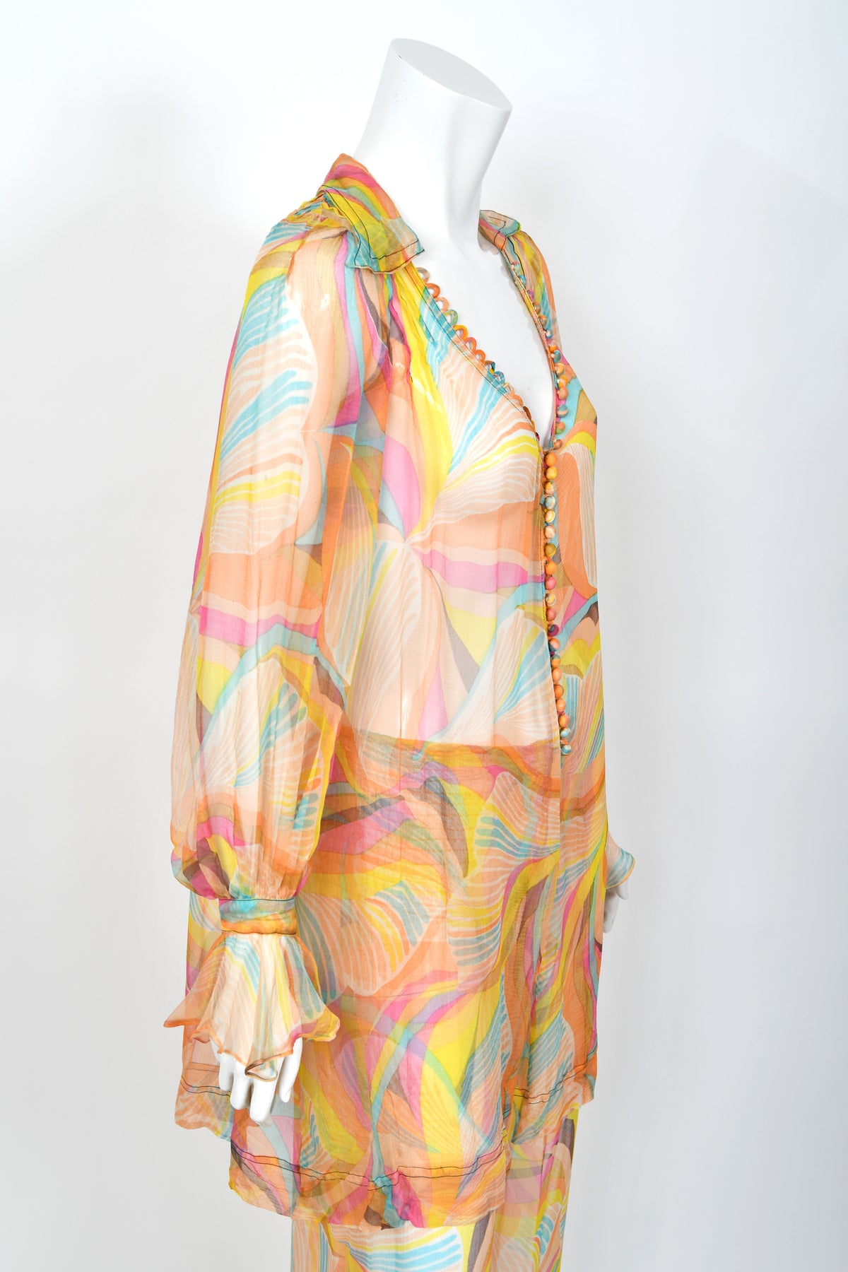 1967 Jean Muir Documented Psychedelic Op-Art Sheer Silk Tunic Mini Dress &amp; Pants
