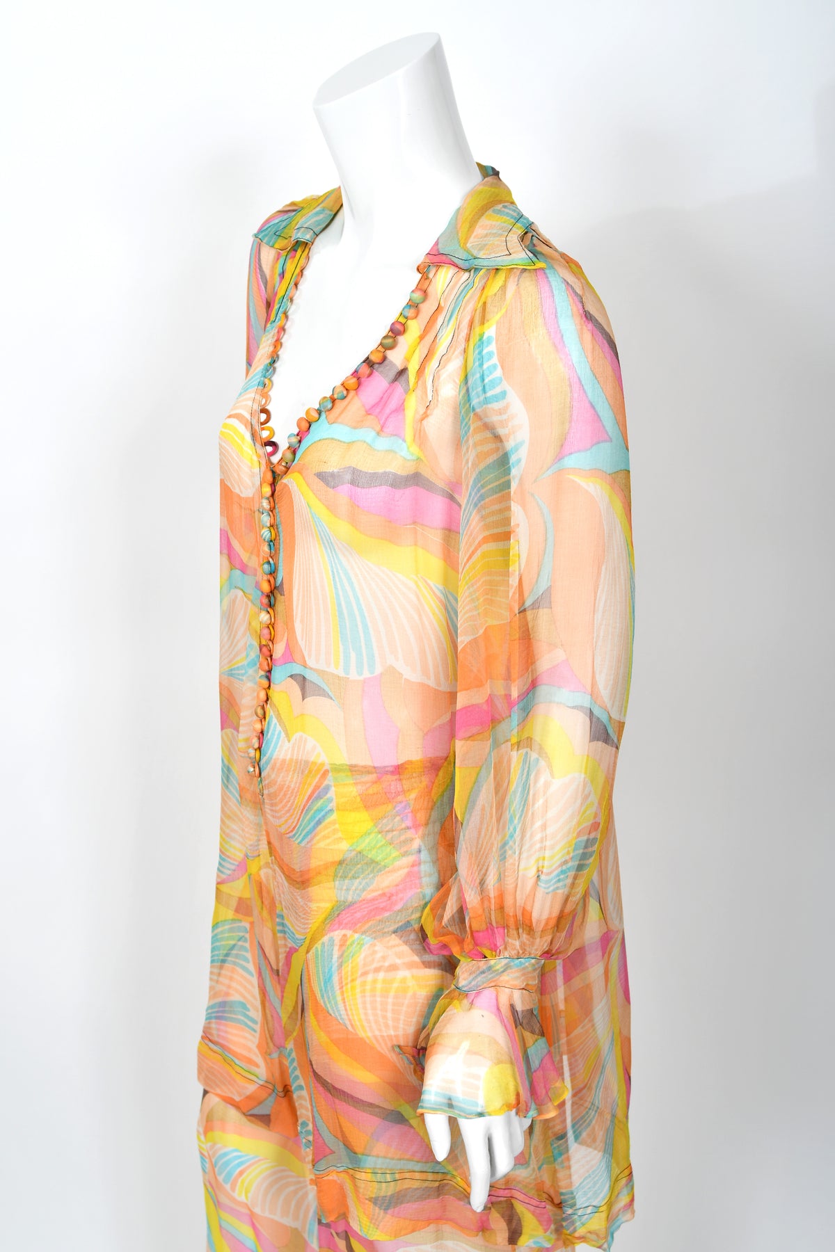 1967 Jean Muir Documented Psychedelic Op-Art Sheer Silk Tunic Mini Dress &amp; Pants
