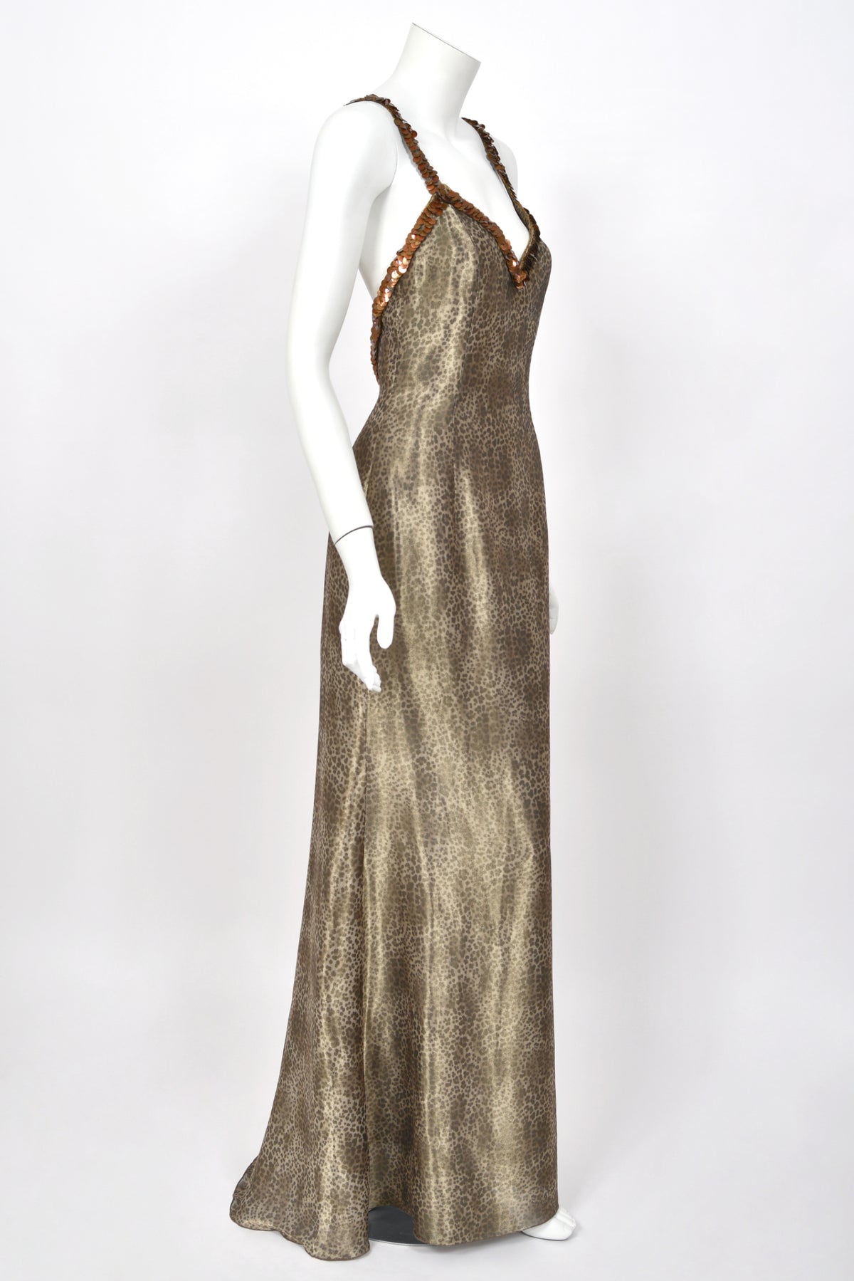 1998 Valentino Runway Semi-Sheer Leopard Print Shimmer Silk Beaded Slip Gown