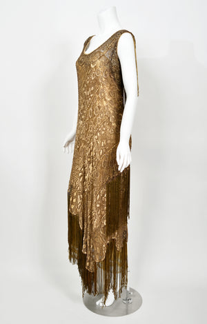 1920's Metallic Gold Lamé Lace Flapper Fringe Margot Robbie Film-Worn Dress