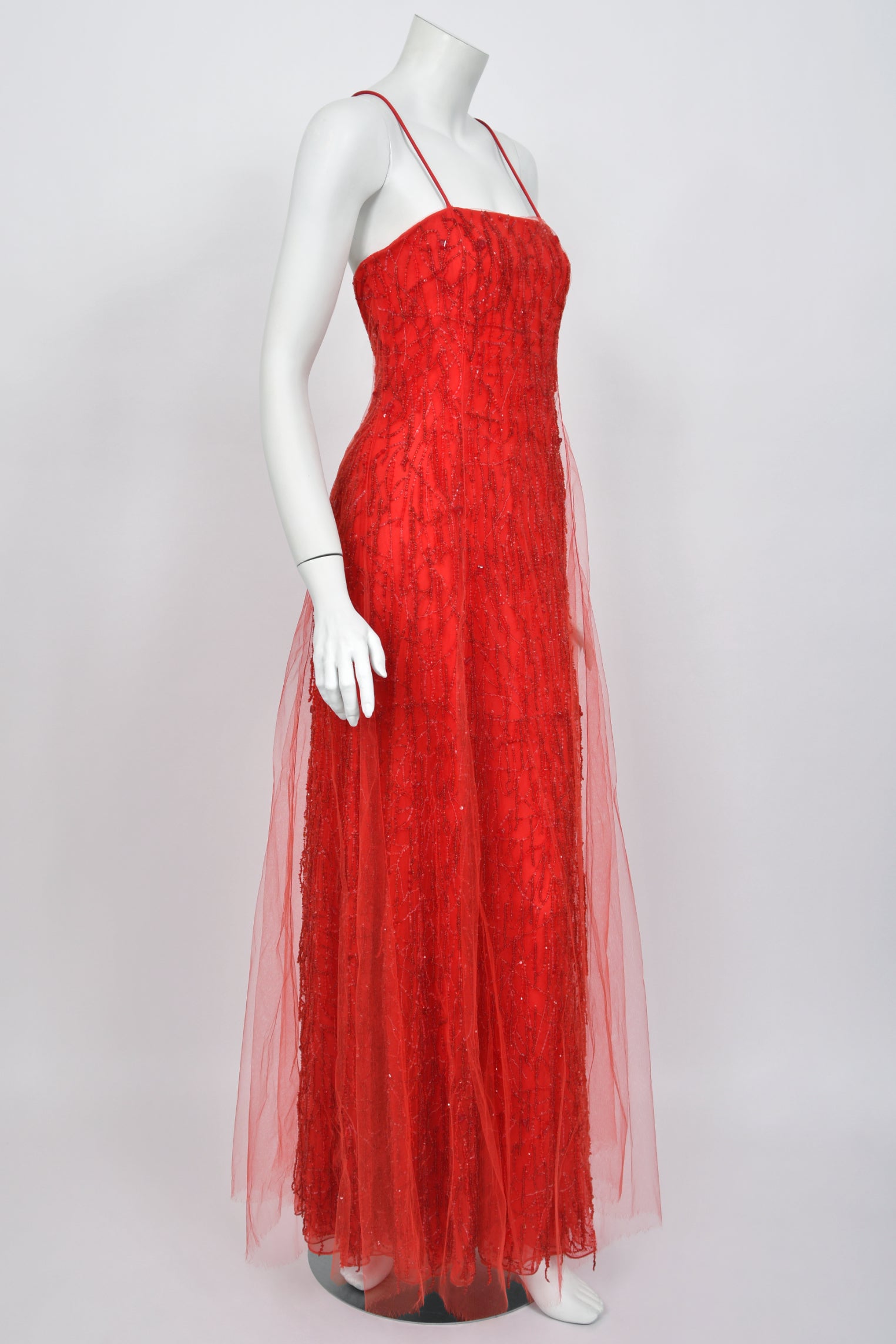 2001 Giorgio Armani Fully Beaded Ruby Red Silk Tulle Finale Gown