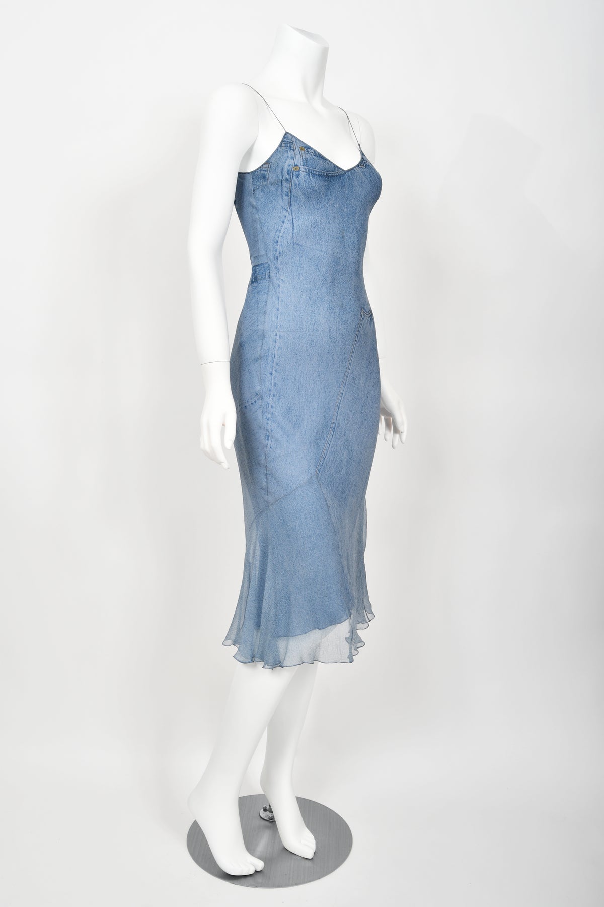 2000 Christian Dior by John Galliano Trompe L&#39;oeil Denim Print Silk Bias-Cut Dress