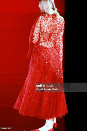 2001 Giorgio Armani 'Kate Moss for Vogue' Magazine Cover Fully-Beaded Ruby Red Silk Tulle Finale Gown