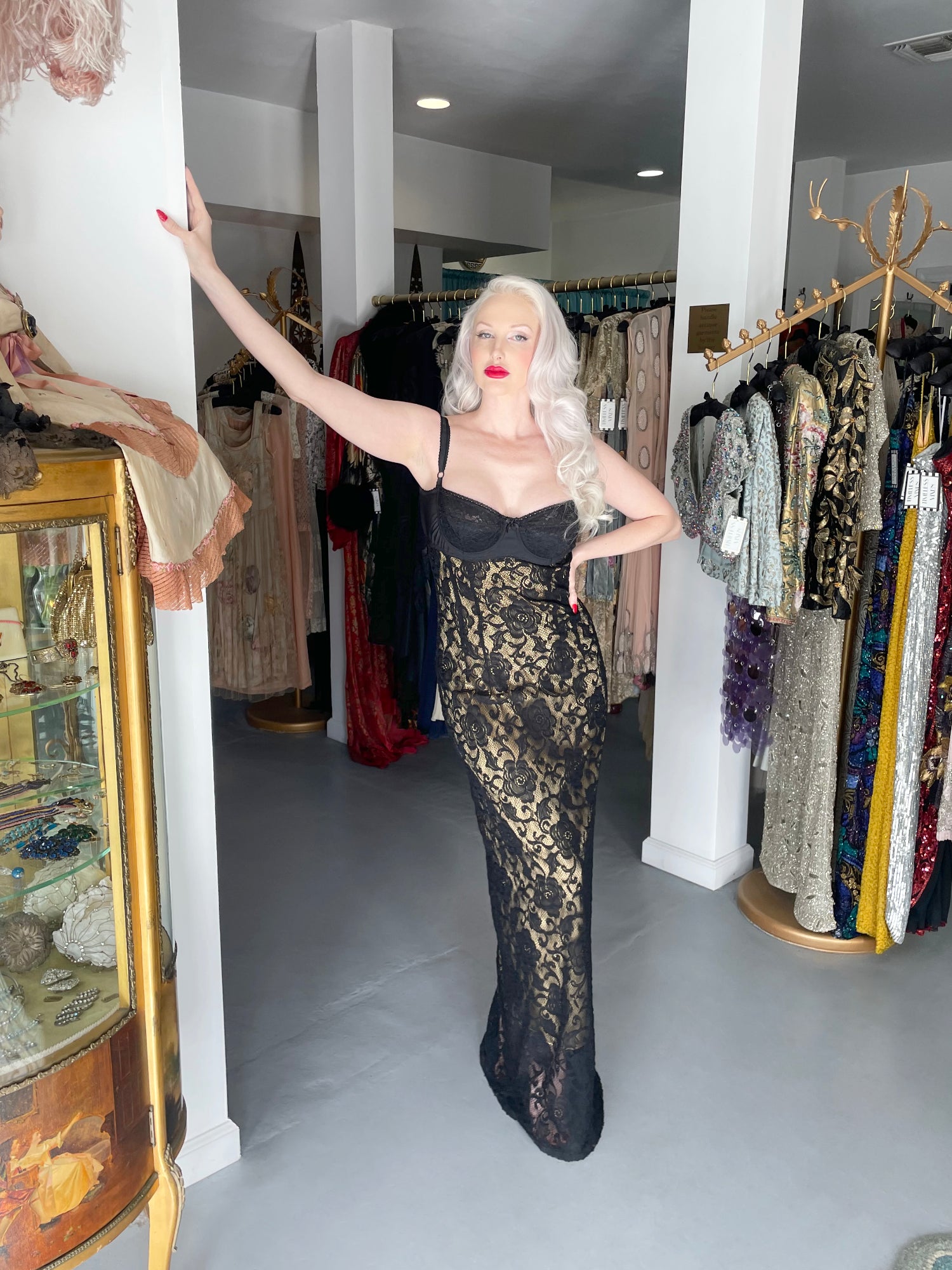 1997 Dolce & Gabbana Sheer Black Stretch Lace Built-In Bra Slip Gown - Timeless Vixen 1997 Dolce & Gabbana Sheer Black Stretch Lace Built-In Bra Slip Gown - Timeless Vixen