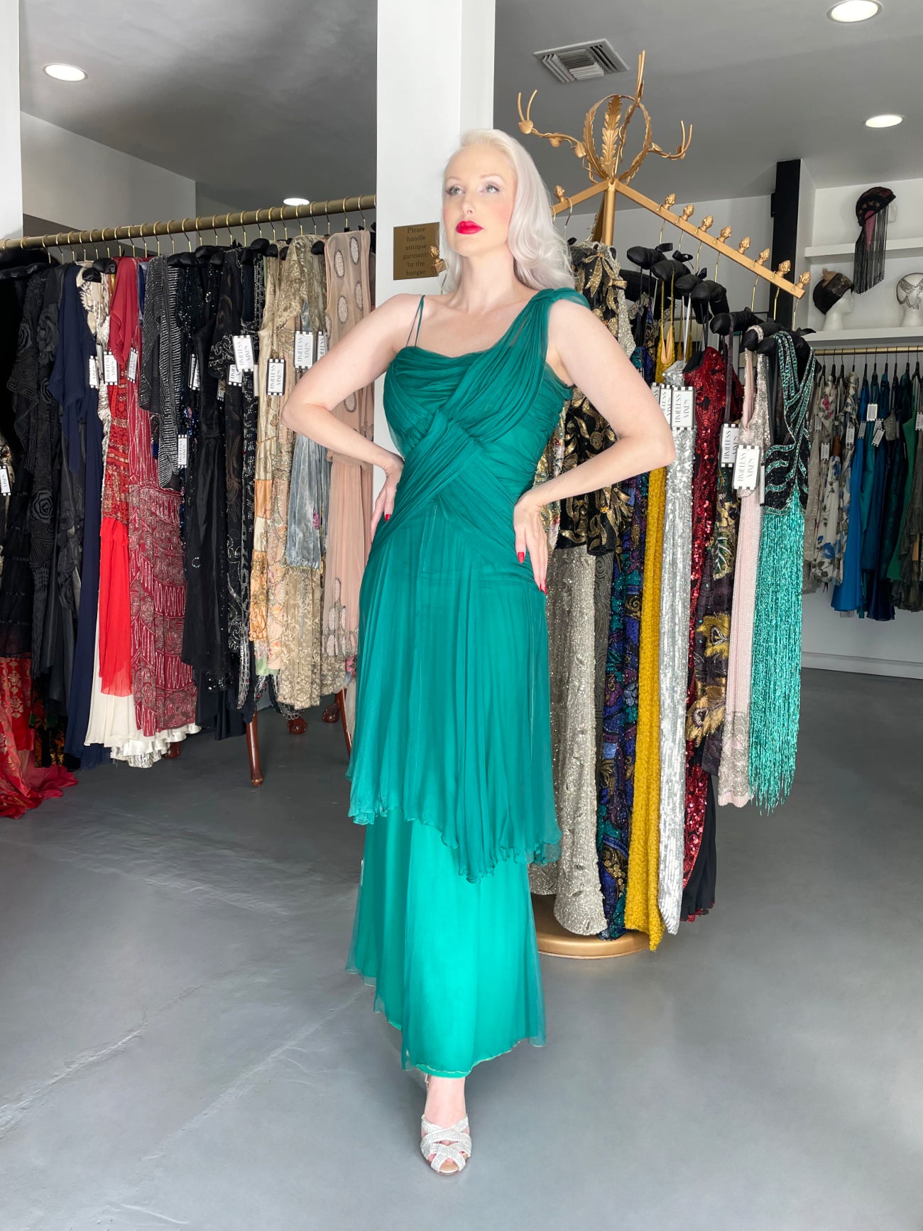 1958 Irene Lentz Couture Teal Green Draped Silk Grecian Goddess Gown