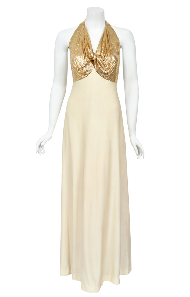 1972 Azzaro Couture Ivory Silk-Jersey & Gold Metal Mesh Gown w
