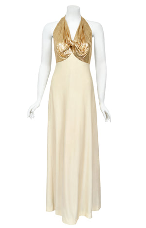 1972 Loris Azzaro Couture Ivory Silk-Jersey & Gold Metal Mesh Backless Gown w/ Cape
