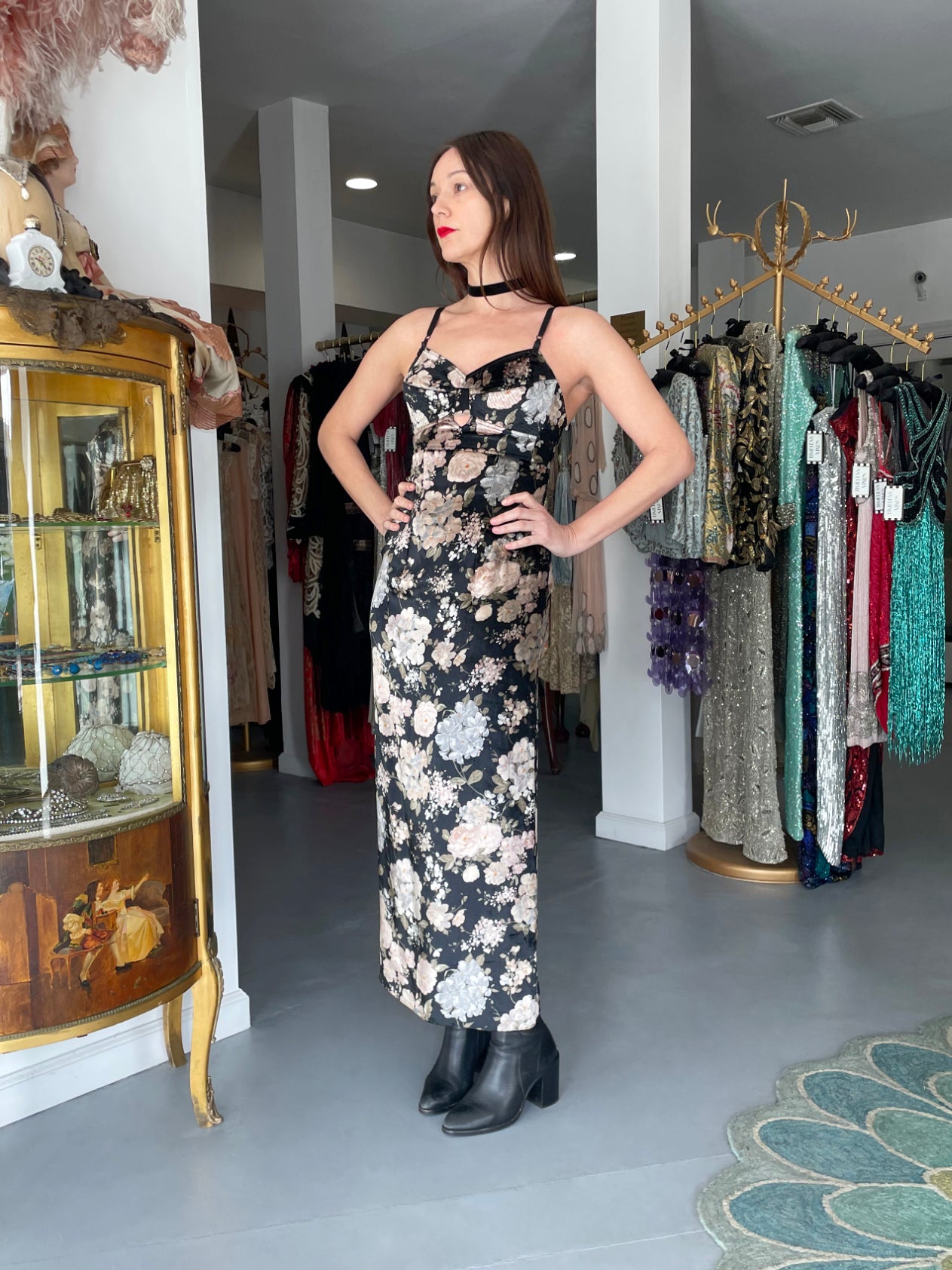 1997 Dolce & Gabbana Floral Stretch Velvet Cut-Out Bustier Slip Dress with Tags