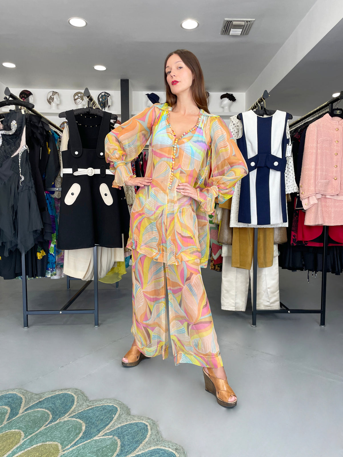 1967 Jean Muir Documented Psychedelic Op-Art Sheer Silk Tunic Mini Dress &amp; Pants