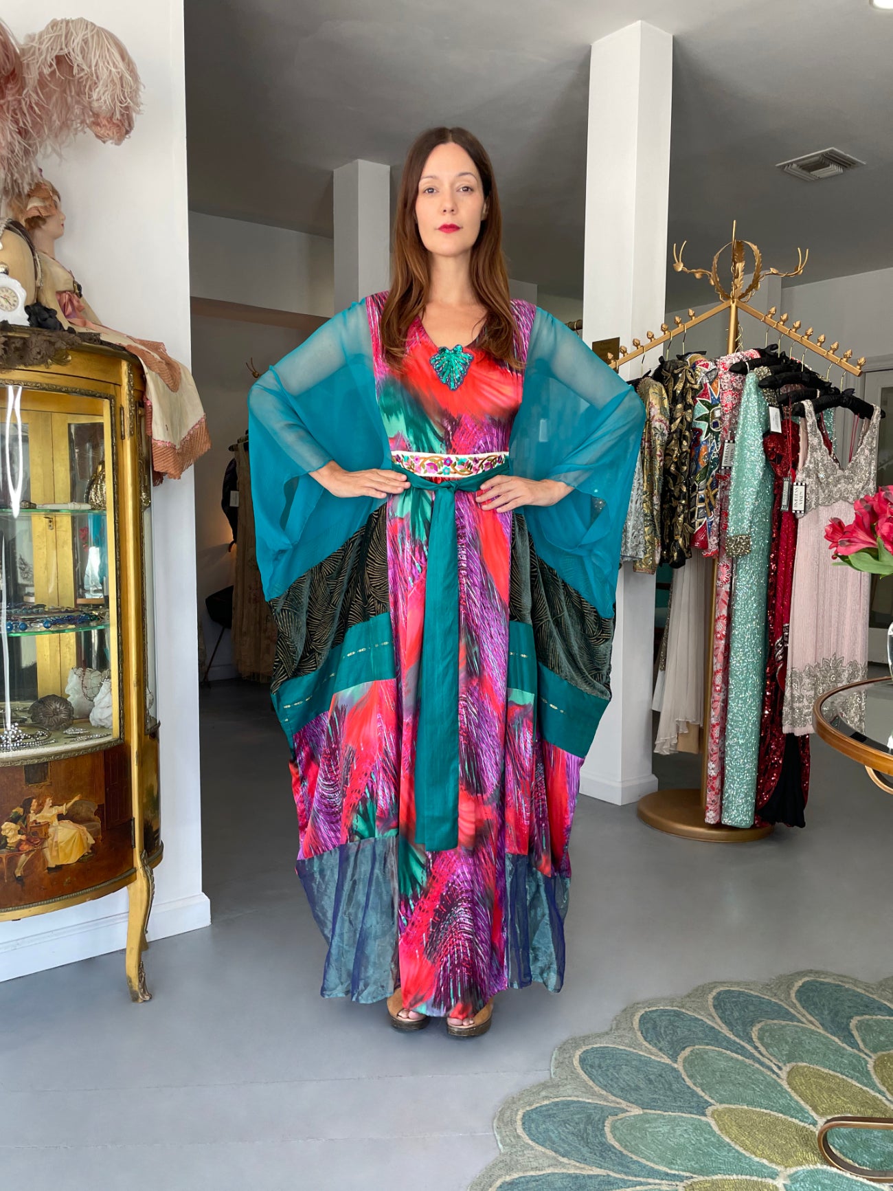 1970 Thea Porter Couture Colorful Patchwork Sheer Silk Bohemian Abaya Caftan