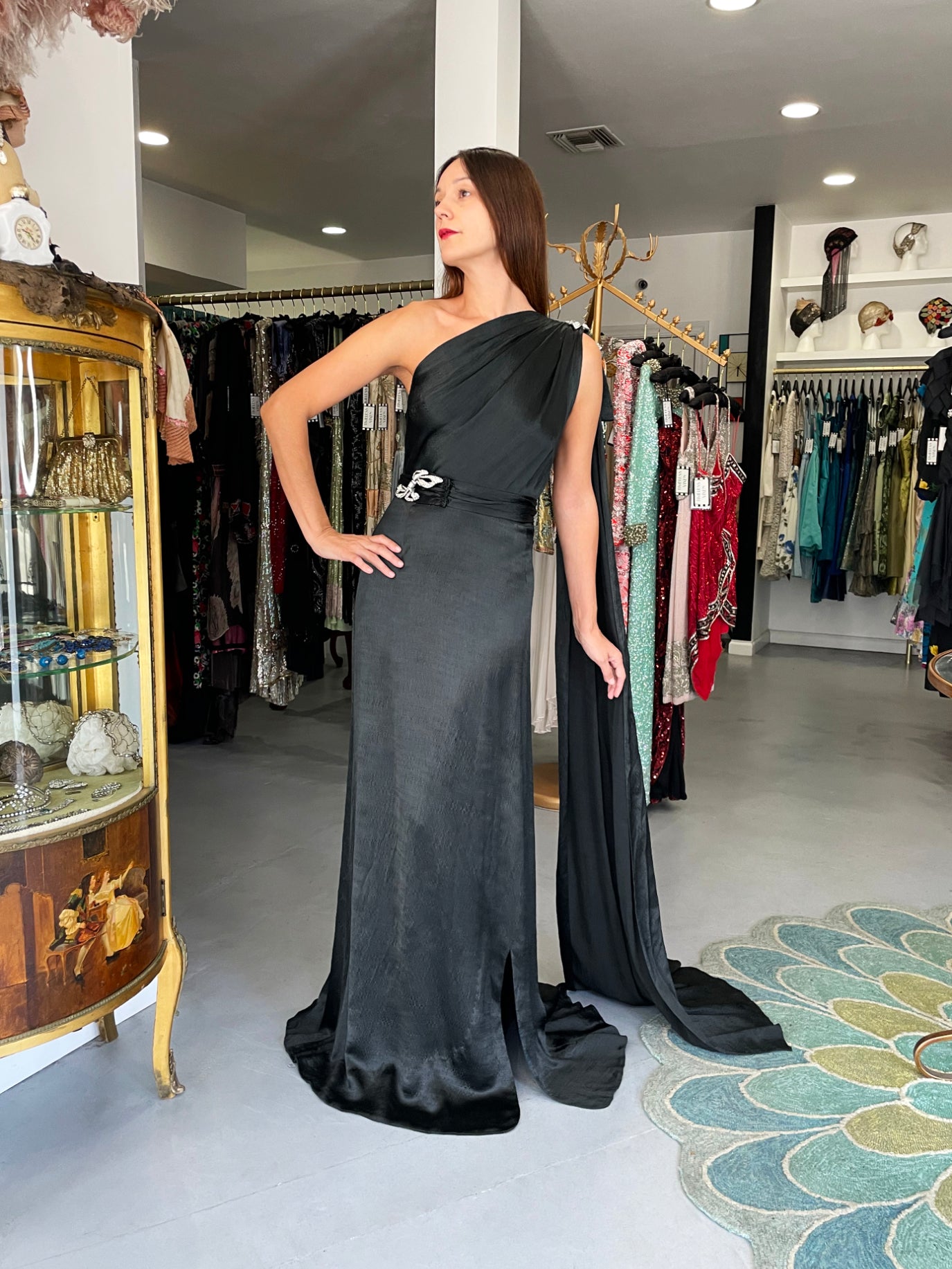 1930's Milgrim Couture Black Silk Rhinestone Deco-Bows Asymmetric Trained Gown