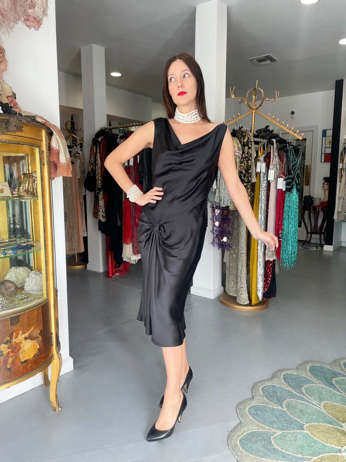 2004 Christian Dior by John Galliano Black Silk Backless Draped Pearls Bias-Cut Dress