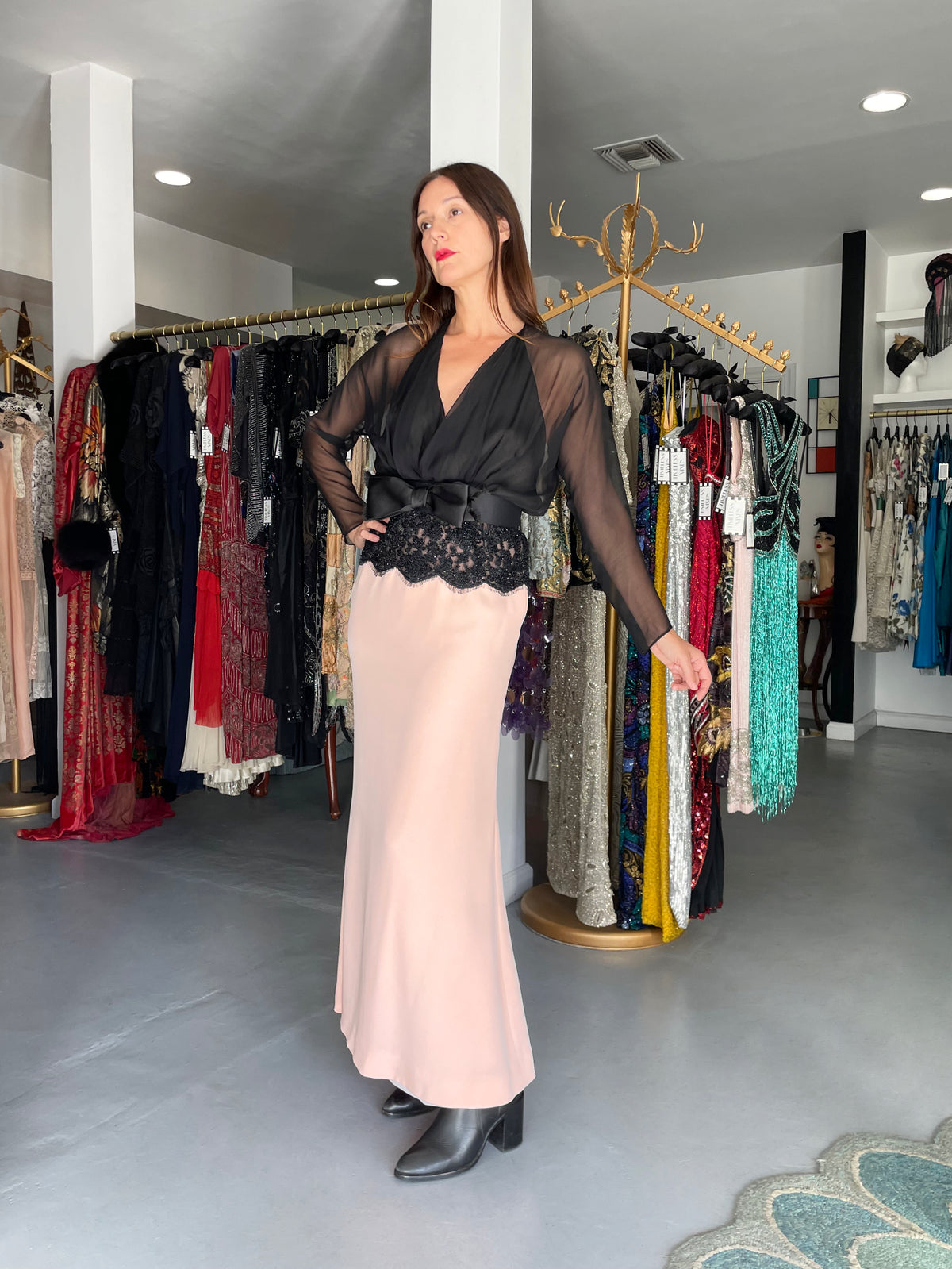 1986 Oscar de la Renta Documented Runway Black Sheer Chiffon &amp; Pink Silk Gown