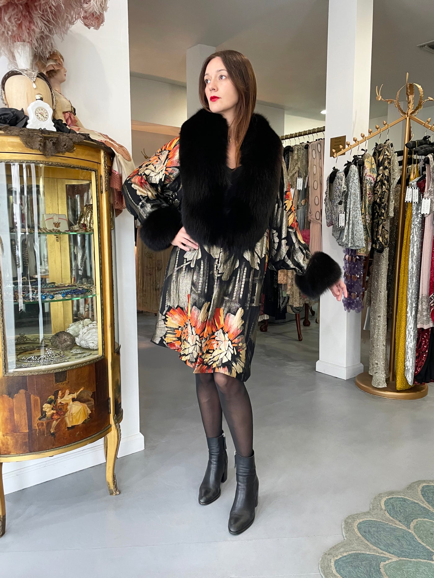 1920's Metallic Art-Deco Floral Lamé & Fox Fur Dolman-Sleeve Flapper Coat