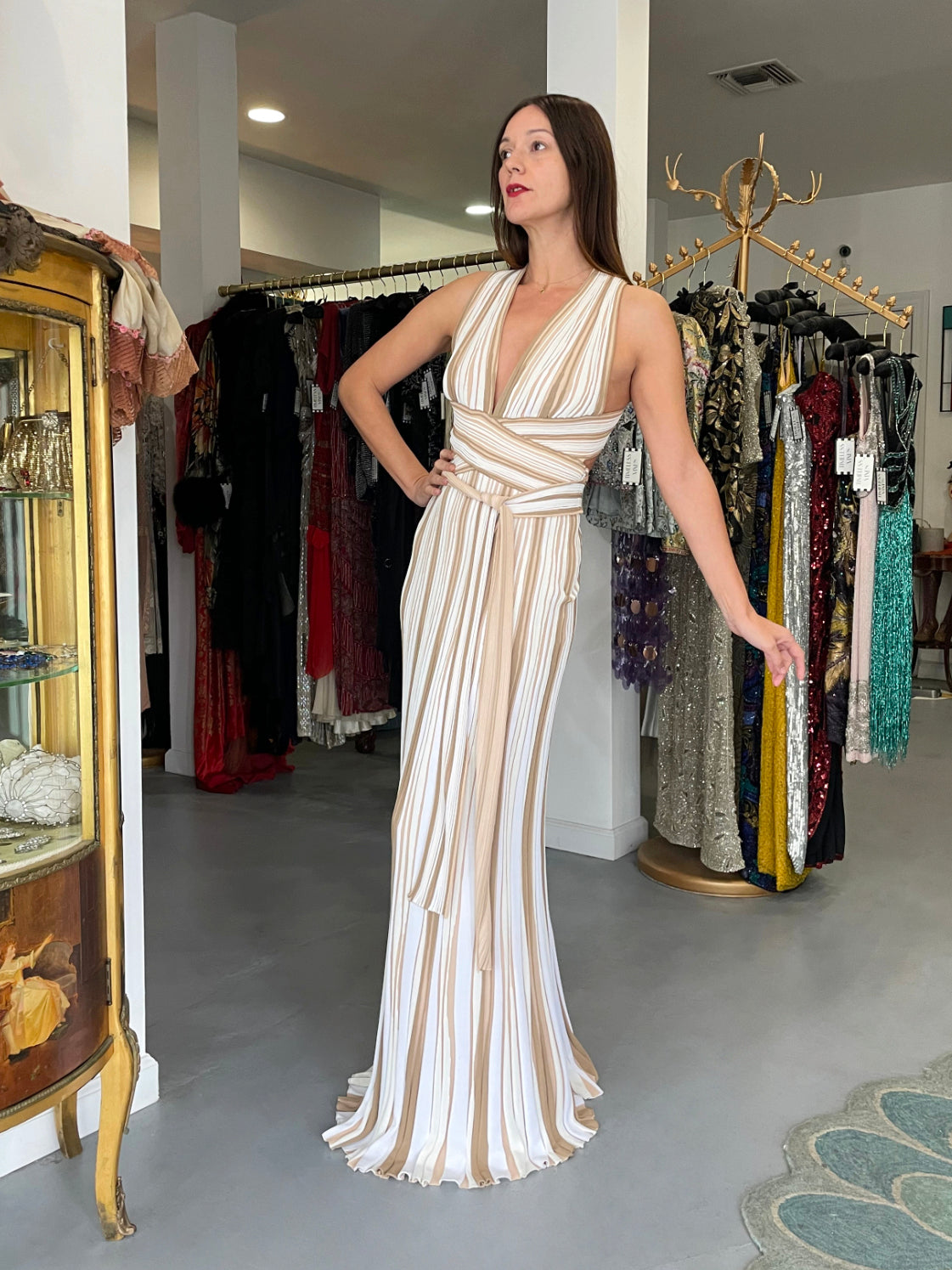 2002 Christian Dior by John Galliano Striped Stretch Knit Low-Plunge Gown