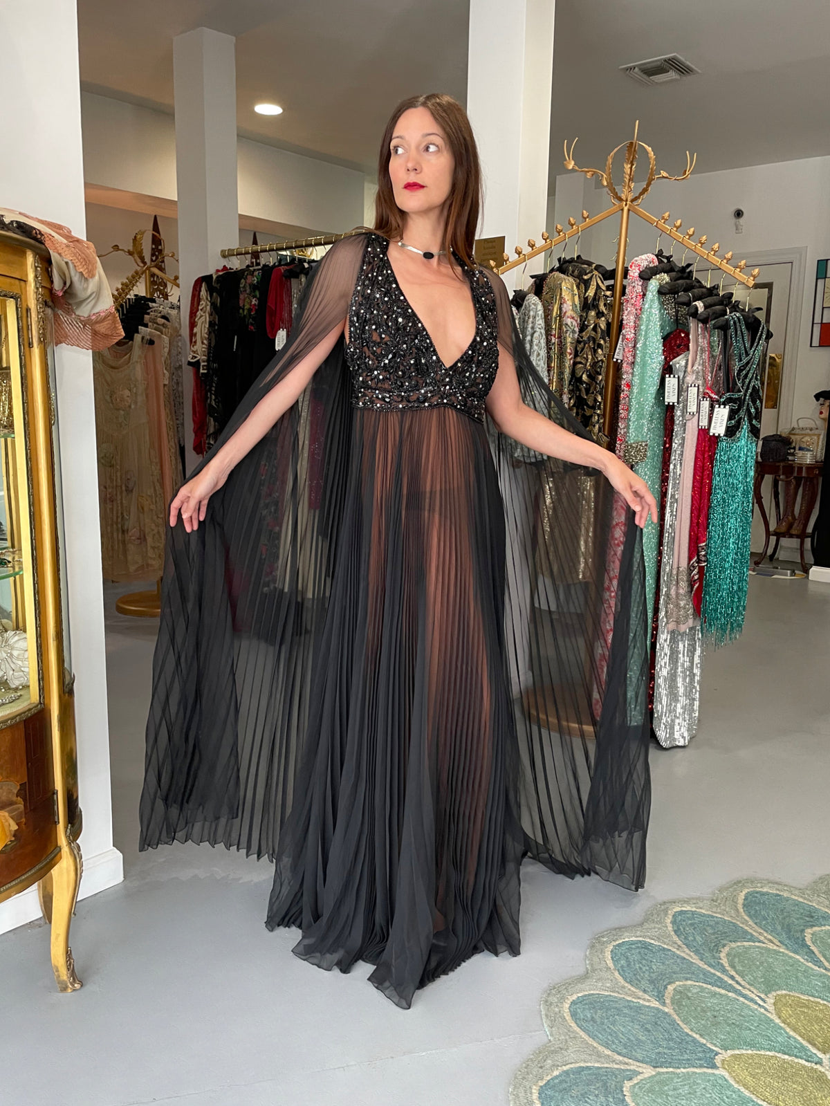 1969 Bob Mackie Couture Documented Beaded Nude-Illusion Pleated Silk Cape Gown