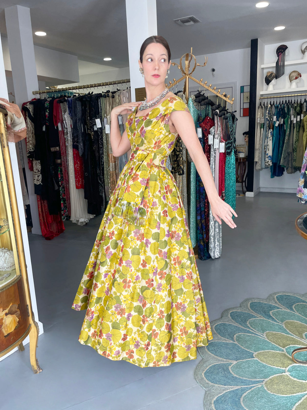1950&#39;s Lanvin Castillo Haute Couture Watercolor Floral Silk Print Full-Skirt Gown