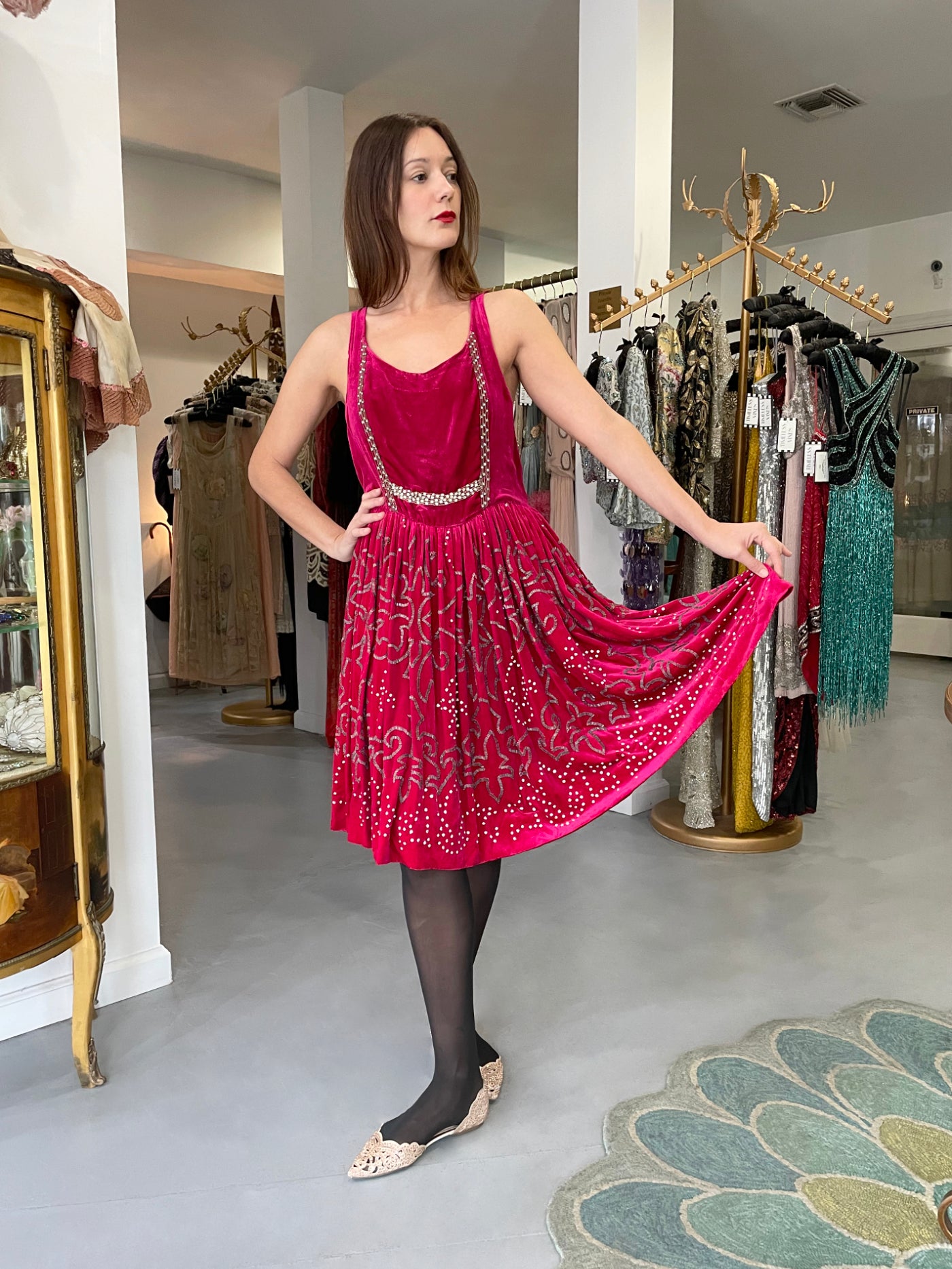 1920's Magenta Pink Beaded & Rhinestone Velvet Back Cut-Out Flapper Dress