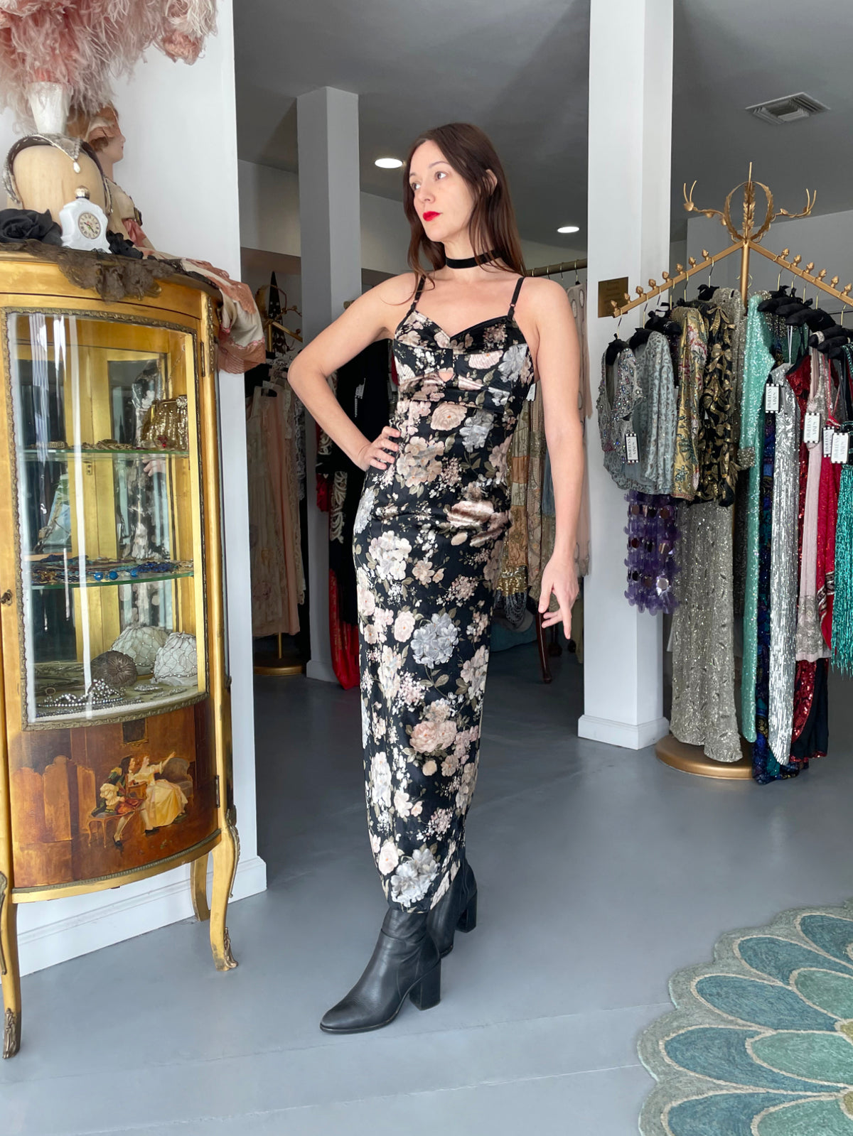 1997 Dolce &amp; Gabbana Floral Stretch Velvet Cut-Out Bustier Slip Dress with Tags