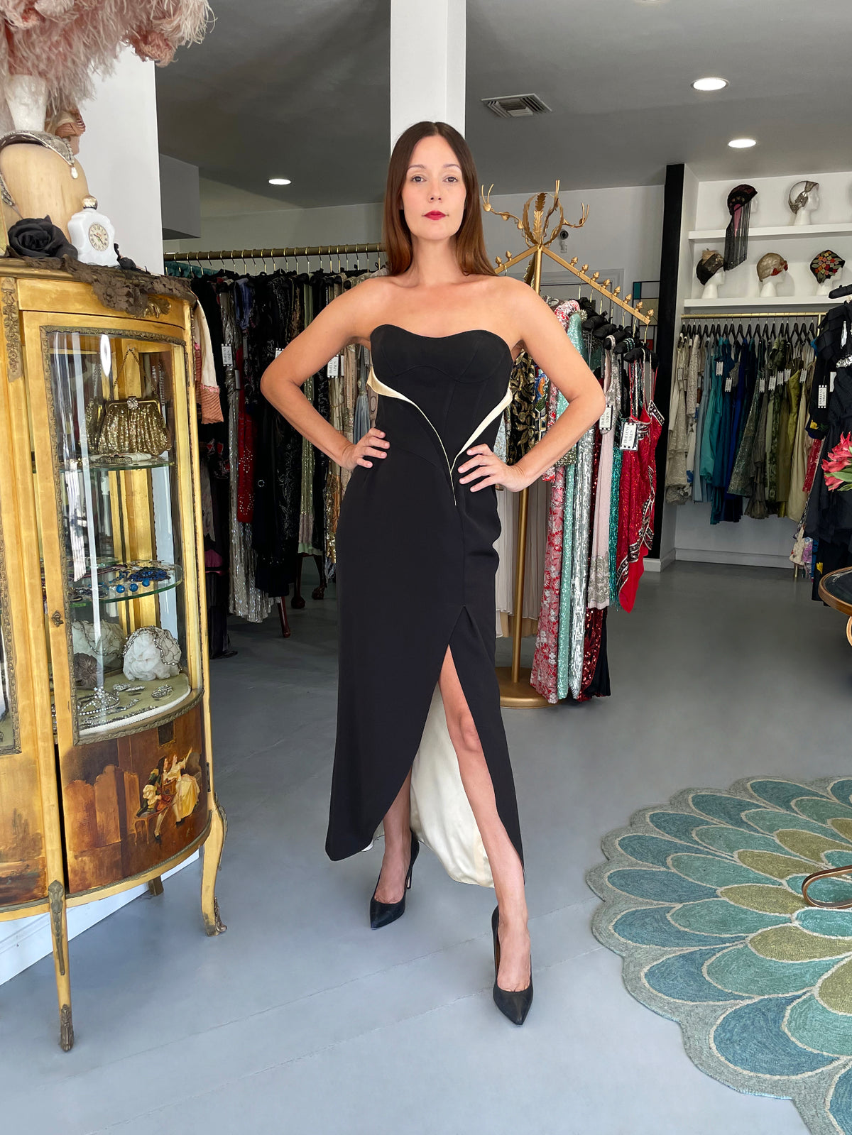 1999 Thierry Mugler Black &amp; Ivory Strapless Bustier Hourglass High-Slit Gown