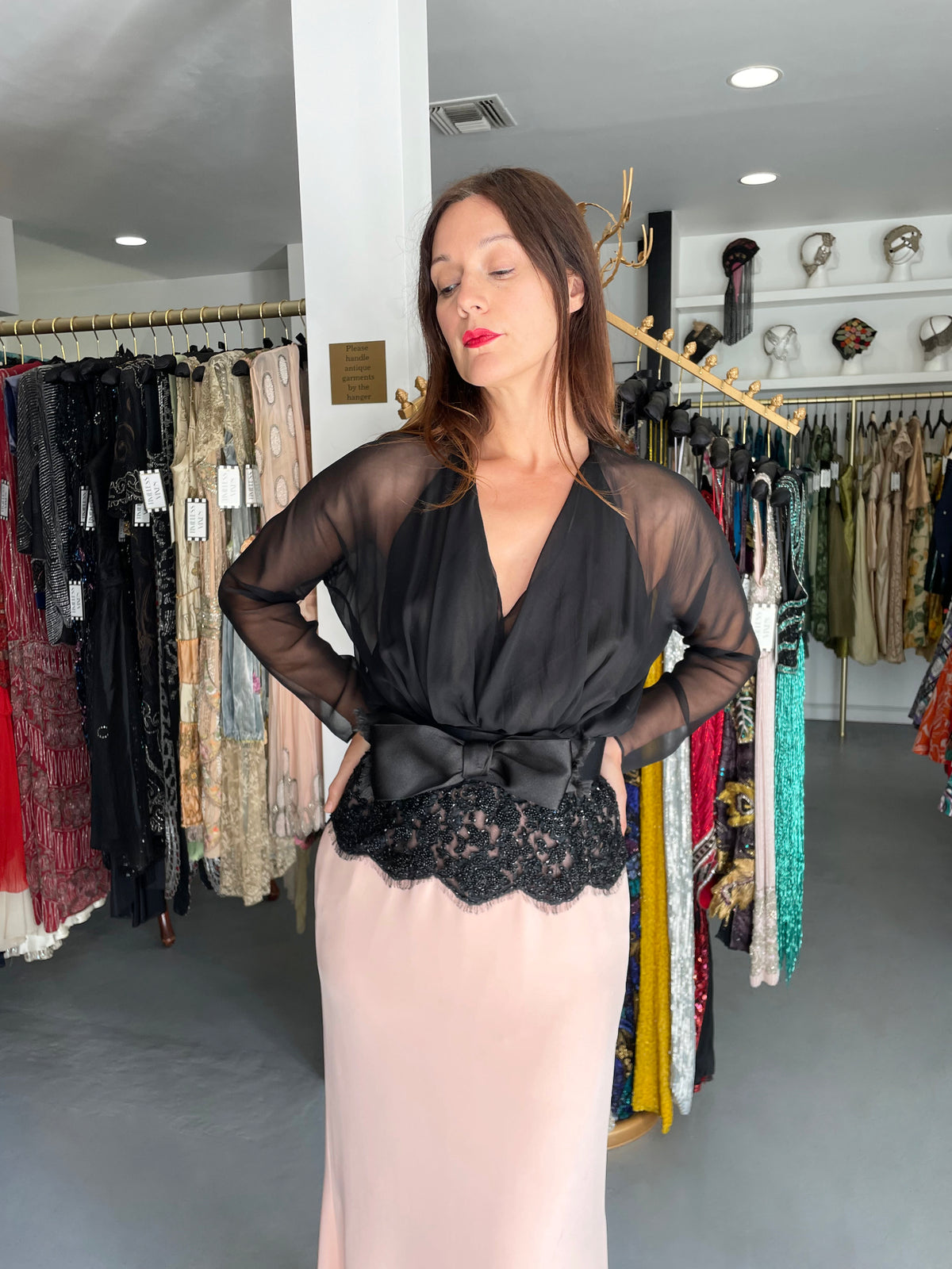 1986 Oscar de la Renta Documented Runway Black Sheer Chiffon &amp; Pink Silk Gown