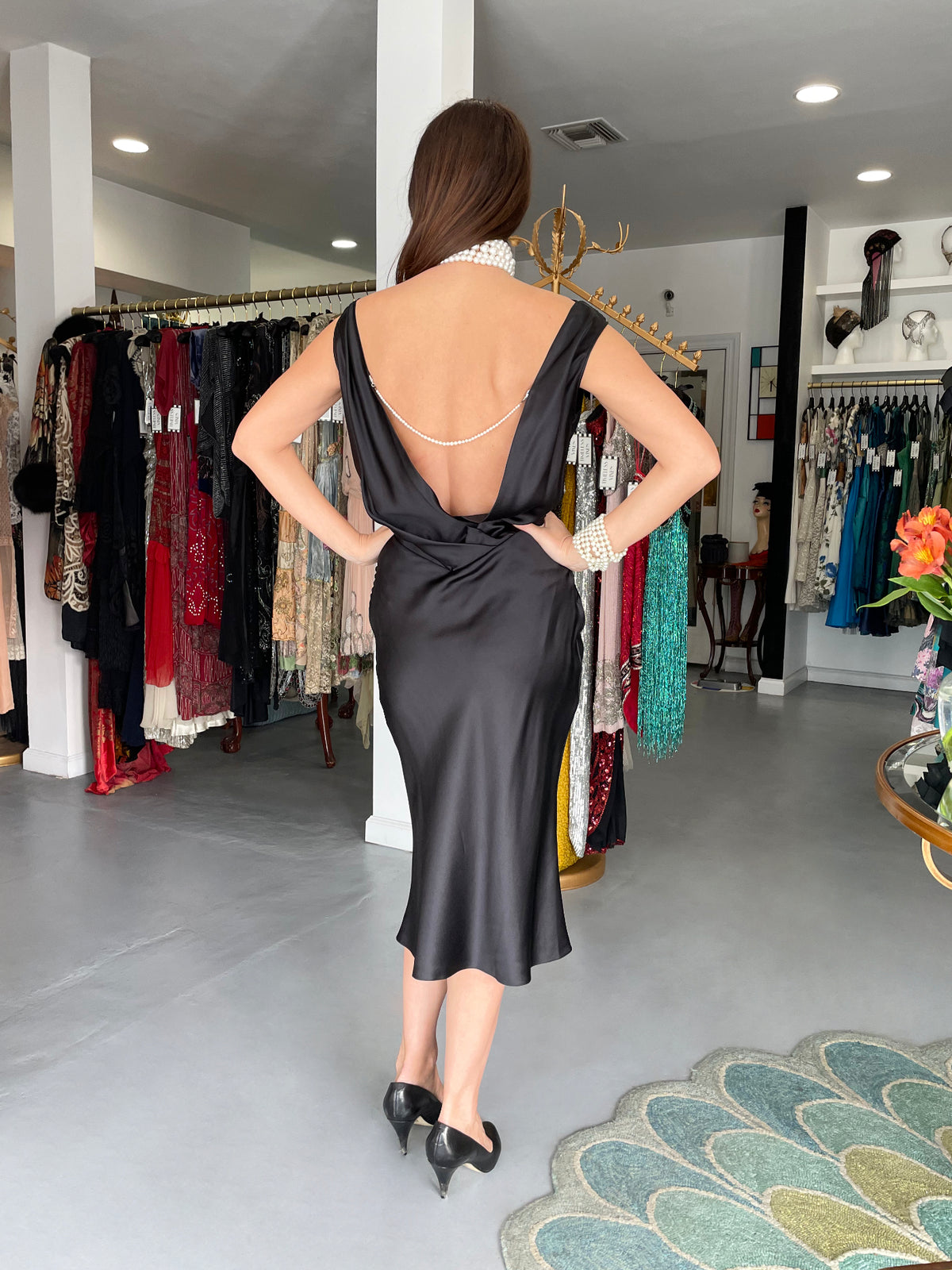 2004 Christian Dior by John Galliano Black Silk Backless Draped Pearls Bias-Cut Dress