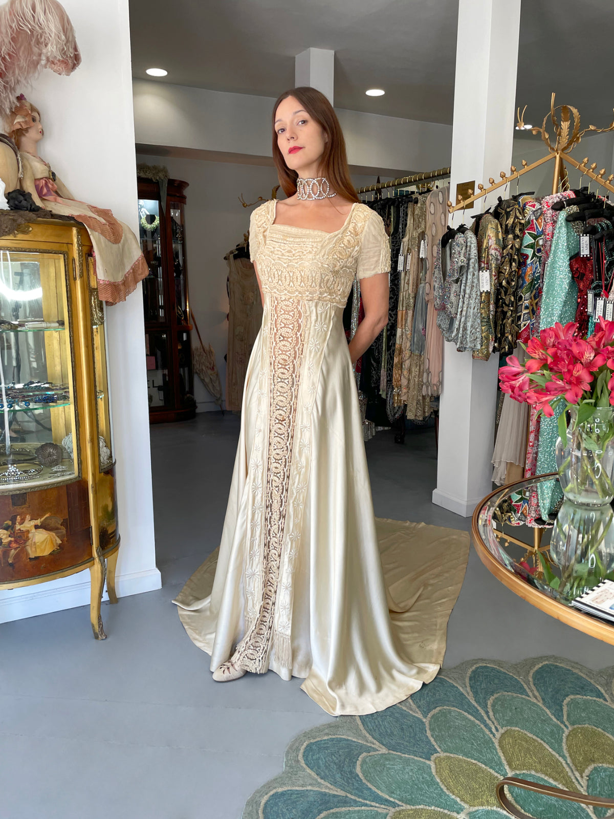 1910&#39;s Ivory Candlelight Embroidered Net-Lace &amp; Silk Satin Trained Bridal Gown