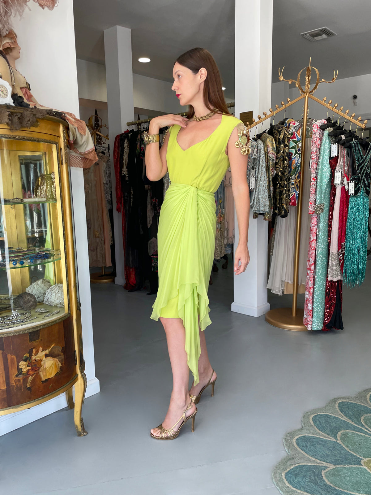 1991 Christian Dior by Gianfranco Ferré Chartreuse Silk Metallic Beaded Draped Dress