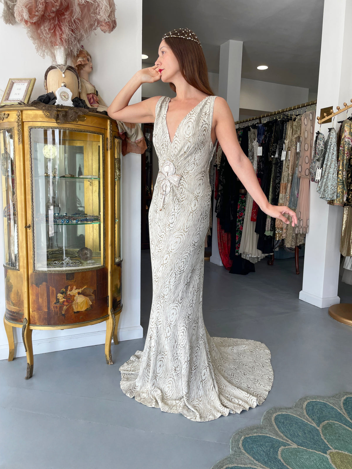 1930's Metallic Wood-Patterned Lamé Deco Appliqué Bias-Cut Trained Bridal Gown