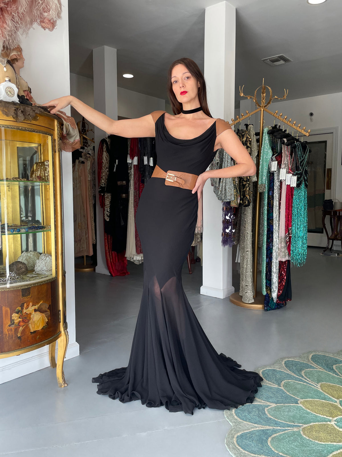 2001 Versace Couture Documented Runway Black Sheer Silk &amp; Leather Bias-Cut Gown