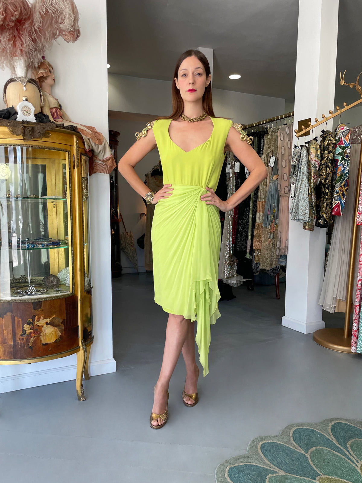 1991 Christian Dior by Gianfranco Ferré Chartreuse Silk Metallic Beaded Draped Dress