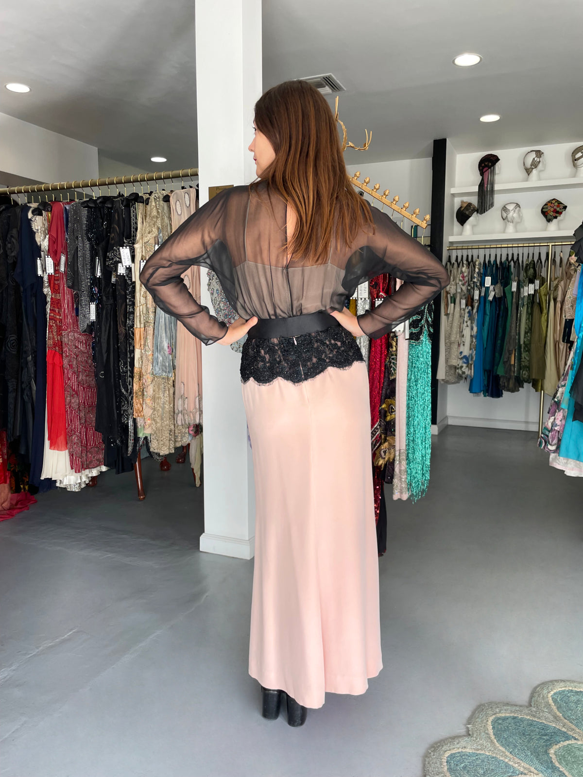 1986 Oscar de la Renta Documented Runway Black Sheer Chiffon &amp; Pink Silk Gown