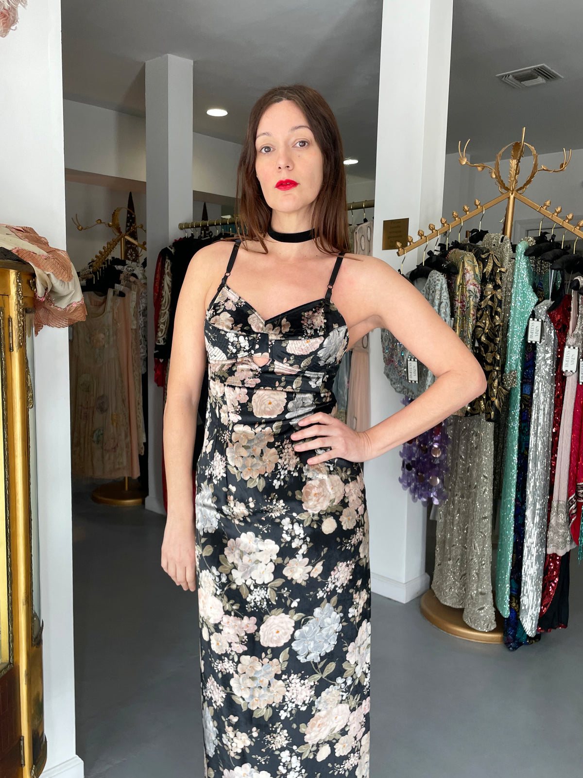 1997 Dolce &amp; Gabbana Floral Stretch Velvet Cut-Out Bustier Slip Dress with Tags