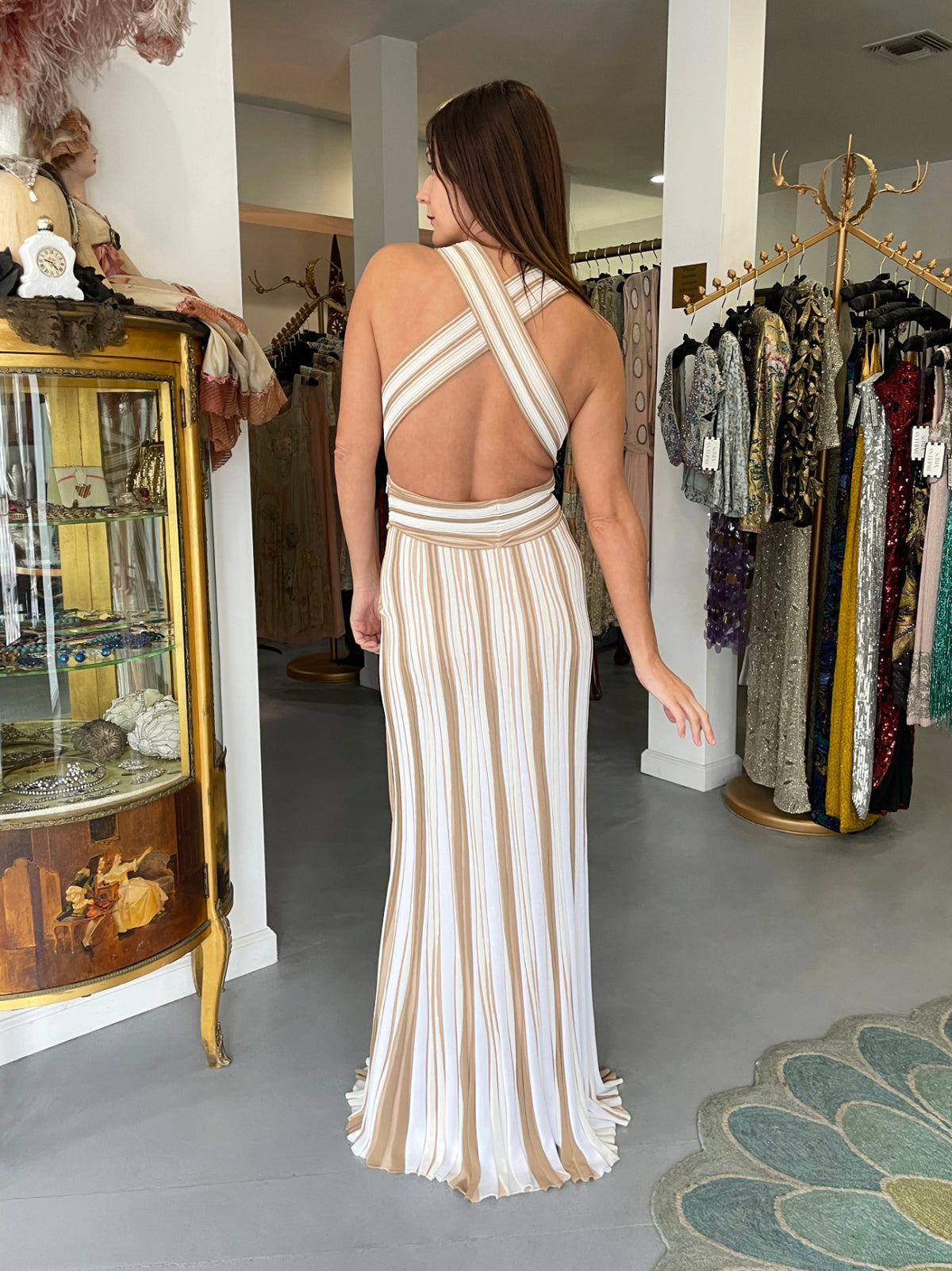 2002 Christian Dior by John Galliano Striped Stretch Knit Low-Plunge Gown