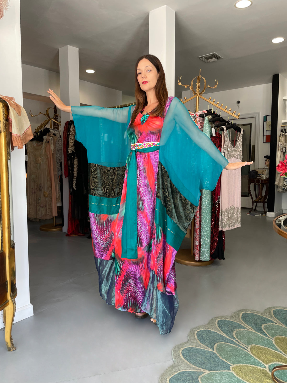 1970 Thea Porter Couture Colorful Patchwork Sheer Silk Bohemian Abaya Caftan