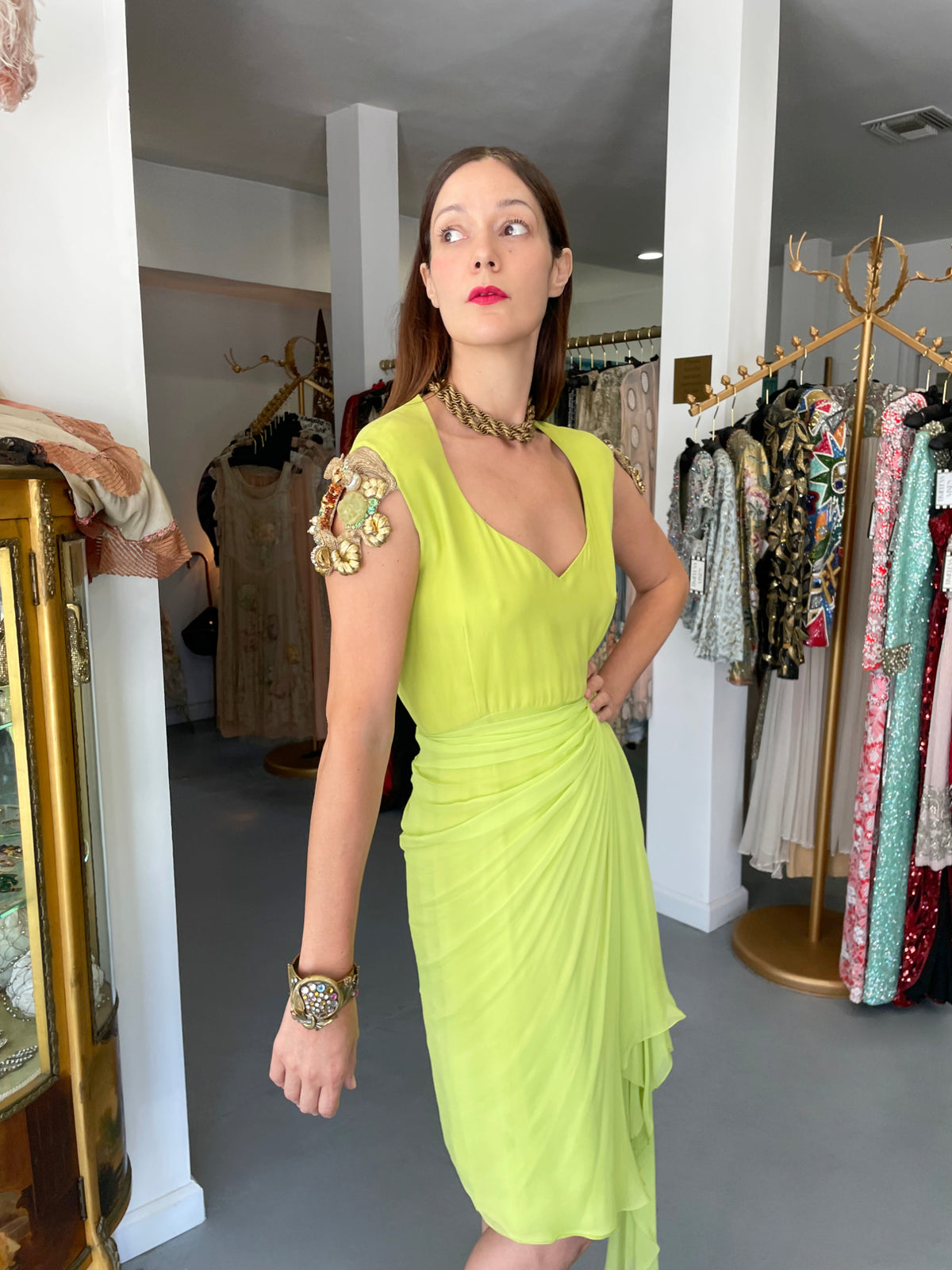 1991 Christian Dior by Gianfranco Ferré Chartreuse Silk Metallic Beaded Draped Dress