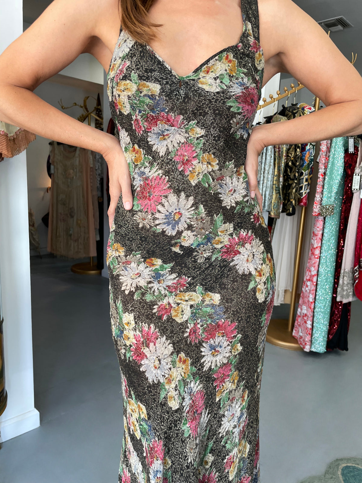 1930&#39;s Colorful Metallic Floral Motif Lamé Cut Out Back Hourglass Bias-Cut Gown