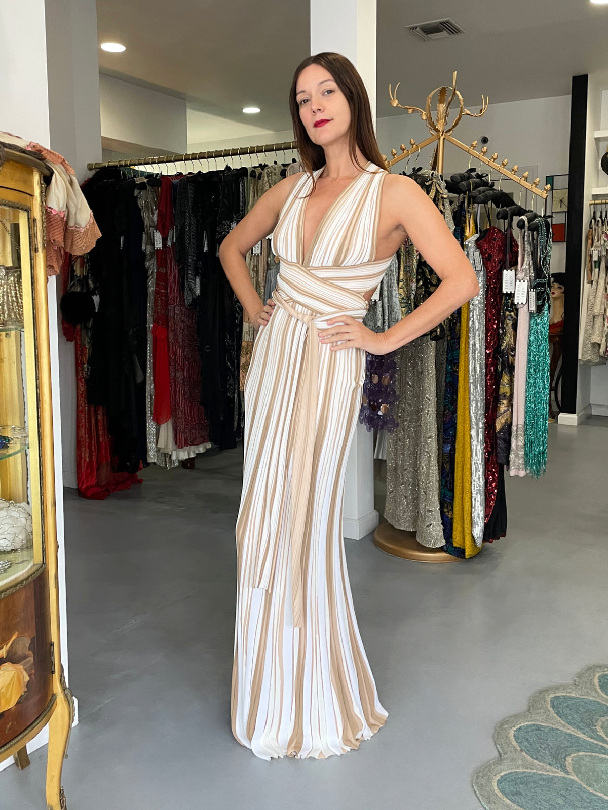 2002 Christian Dior by John Galliano Striped Stretch Knit Low-Plunge Gown