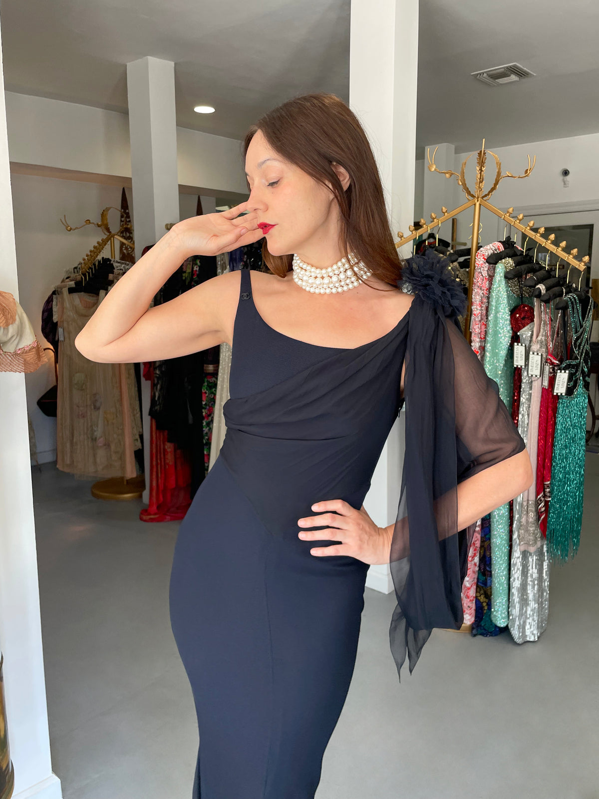 2002 Chanel Cruise Collection Midnight Blue Silk Chiffon Draped Bias-Cut Gown