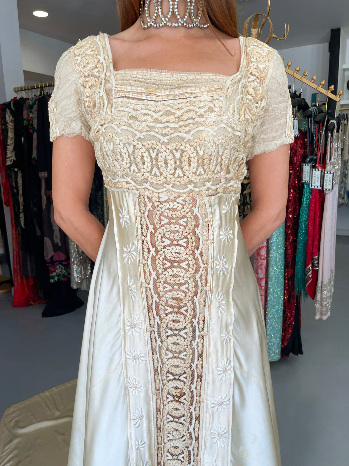 1910&#39;s Ivory Candlelight Embroidered Net-Lace &amp; Silk Satin Trained Bridal Gown